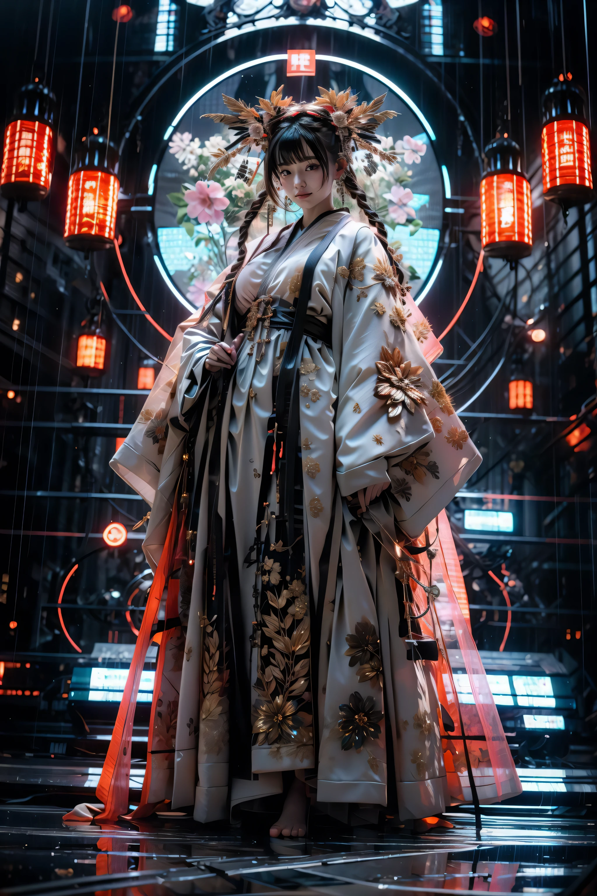 (realistic:1.3), finely detailed, quality, rembrandt lighting, (masterpiece:1.2), (photorealistic:1.2), (best quality), (detailed skin:1.3), (intricate details), dramatic, ray tracing, 1girl, japanese girl, 21 years old, detailed skin texture, (blush:0.5), (goosebumps:0.5), subsurface scattering, smiling, medium breasts, very long hair, bangs, hair between eyes, hair ornaments, intricate, exquisite, elaborate, gold, black, red, robes, dress, full body, (bright sunny day),