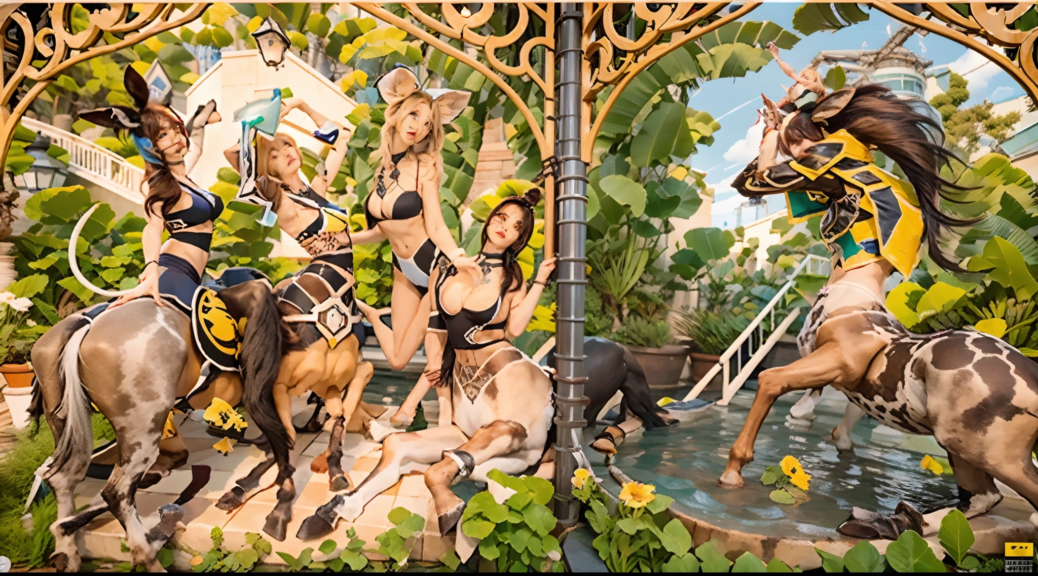 In the beautiful illustration of this super-grand scene,The ultra-distant lens shows us(Over eight separate and distinctive centaur characters:9.9),They all have their own characteristics,Vivid and interesting。Radiant from the heavens(Angelic centaurs:6.6),To nightmarish is(Centaurs surrounded by flames:6.6)、And then to the wind dancing in the air(Fairy centaurs:6.6)、And thunder and lightning surrounding(One-horned centaur:6.6),and shining metallic ones(Mechanical style centaur:6.6)、And then(A centaur with colorful dragon scales covering the whole body:6.6)The power is powerful、Elegant and agile(Elf centaur's slenderness:6.6)Gracefully wears a flower crown、Enchanting and charming(Tiflin centaurs:6.6)、Have the indescribable(Raised sexy:6.6)'s(Succubus centaurs:6.6)。Each character has their own unique charms and abilities。The illustration uses advanced artistic techniques and tools,(Divide the scene into sections by geometric arrangement:9.9),Each section corresponds to a centaur character,This makes more efficient use of space。Through Midjourney's advanced brush tools、Color palette、Material packs and model packs、Texture tools,For each centaur, beautiful props are designed to increase racial characteristics、Clothing and physical features,(Enhances the character's personality and visual appeal:2.5),The scenery in the illustrations is stunning,There are changing skies、rainbowing、extreme light、Stars and Moon。Incorporating iconic landmarks such as Mount Everest,and fireworks、tranquil lake、Natural and urban elements of waves and neon lights,Creates a magical atmosphere,The centaurs display their unique abilities and equipment in a variety of environments,This is true even in extreme alien landscapes。(Use Midjourney's tools、Material packs、Texture tools、The color palette makes depicting details vivid and realistic:9.9),From complex hairstyles and as well as different racial traits、Body、Appearance features、Clothing to real textures,This greatly enhances the realism of the cha