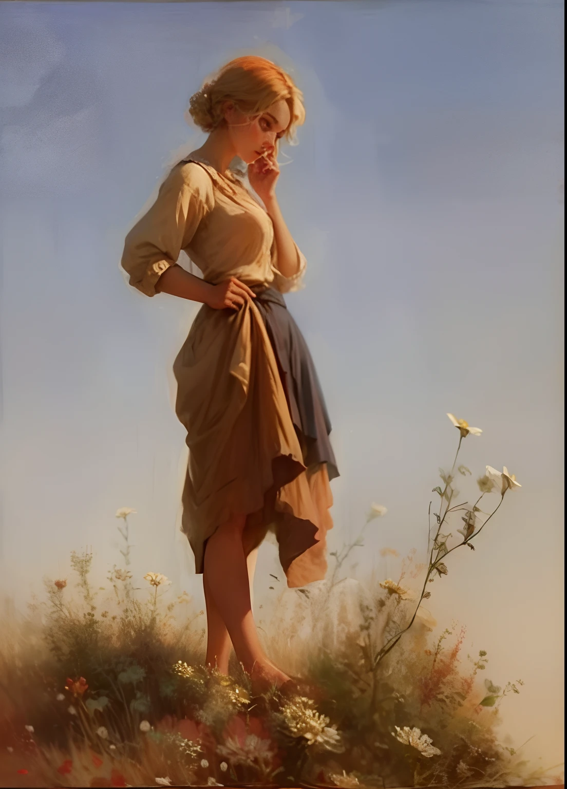 Beautiful blonde woman covered in red cosmos flowers, 8k resolution, artistic style, beautiful detail, Lady with Flowers by Leopold Schmutzler
