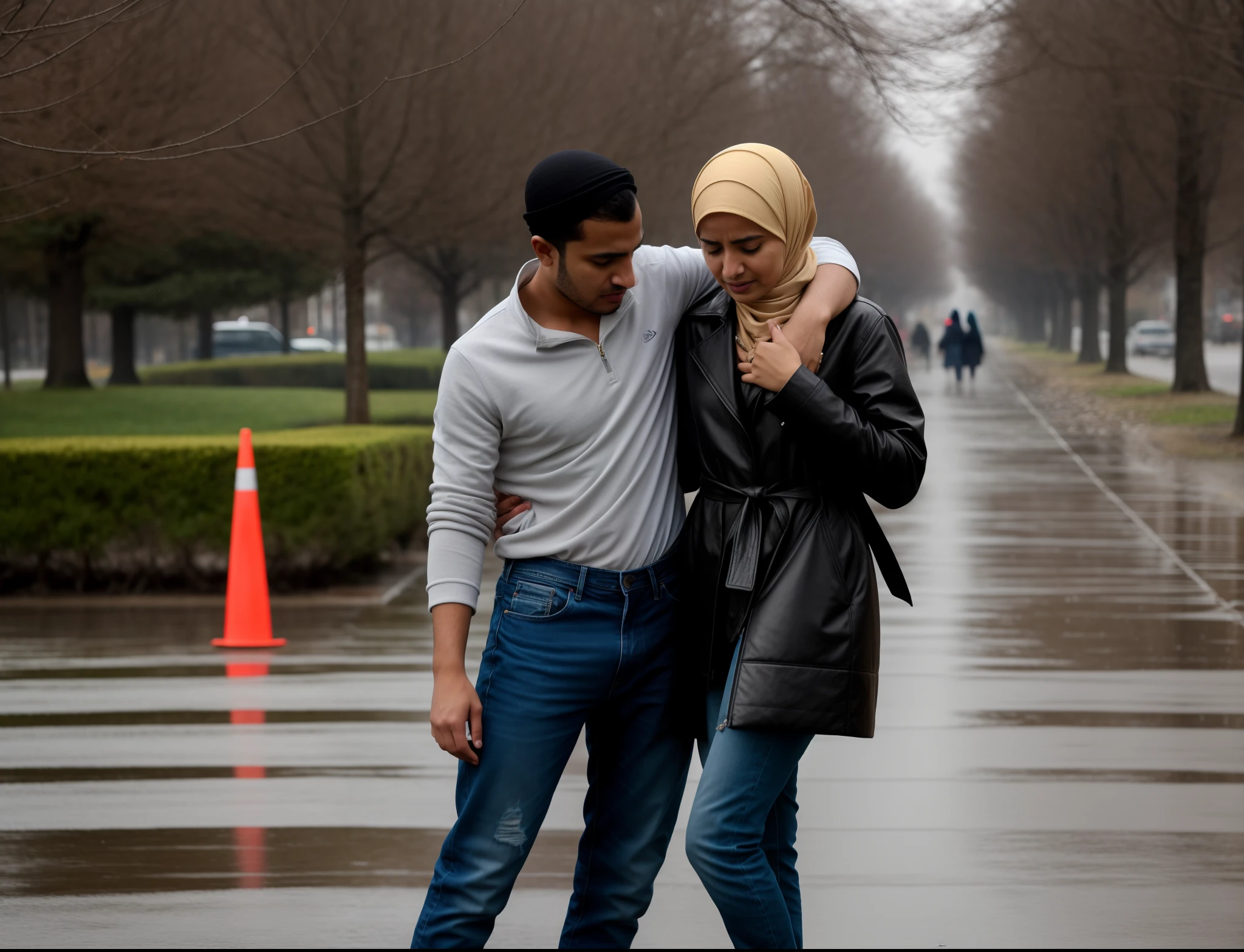 he is almost collapsing with pain, he is nearly fainting, she is holding him up, he is hanging on her shoulder, a muslim woman in a laquered puffy coat, a muslim woman with a shiny headscarf and a laquered downcoat, they are standing very close together, his hand is lying on her shoulder, arm-in-arm, she has her hand around his waist, she is wearing shiny leather pants, she is grabbing his waist, a shorthaired man in a matte tanktop and rough jeans, a shorthaired blond man in rough jeans, a muslim woman in shiny leather pants, a shorthaired blond man in a matte tanktop, a hijabi woman with a very desperate facial expression, a muslim woman in a high shine black down-coat, they are standing arm-in-arm, there is a headscarfed attractive woman wearing a high-shine down-coat, a wetlook puffer-coat, a muslim woman is crying with sorrow, a muslim woman is holding an injured shorthaired boy, there is a boy in rough jeans and a matte tanktop hugging a headscarfed woman that is wearing a very shiny padded laquered coat, a shorthaired blond boy has a painful face and cannot walk, there is a muslim woman giving support to an injured shorthaired boy, a wounded blond and shorthaired boy cannot walk and has to be supported by a woman with hijab, he grabs her shoulder, he has his arm around her shoulder, his hand is on her shouder, a sad looking hijabi woman ia carrying a wounded boy, masterpiece, jeans, boy in a matte cotton tanktop, super detailed background, detailed face, brown eyes, crying out, tears, desperation, pain, agony, accident pose, dramatic suffering pose, hands detailed hands, fingers:5, they are walking in the street together in the rain