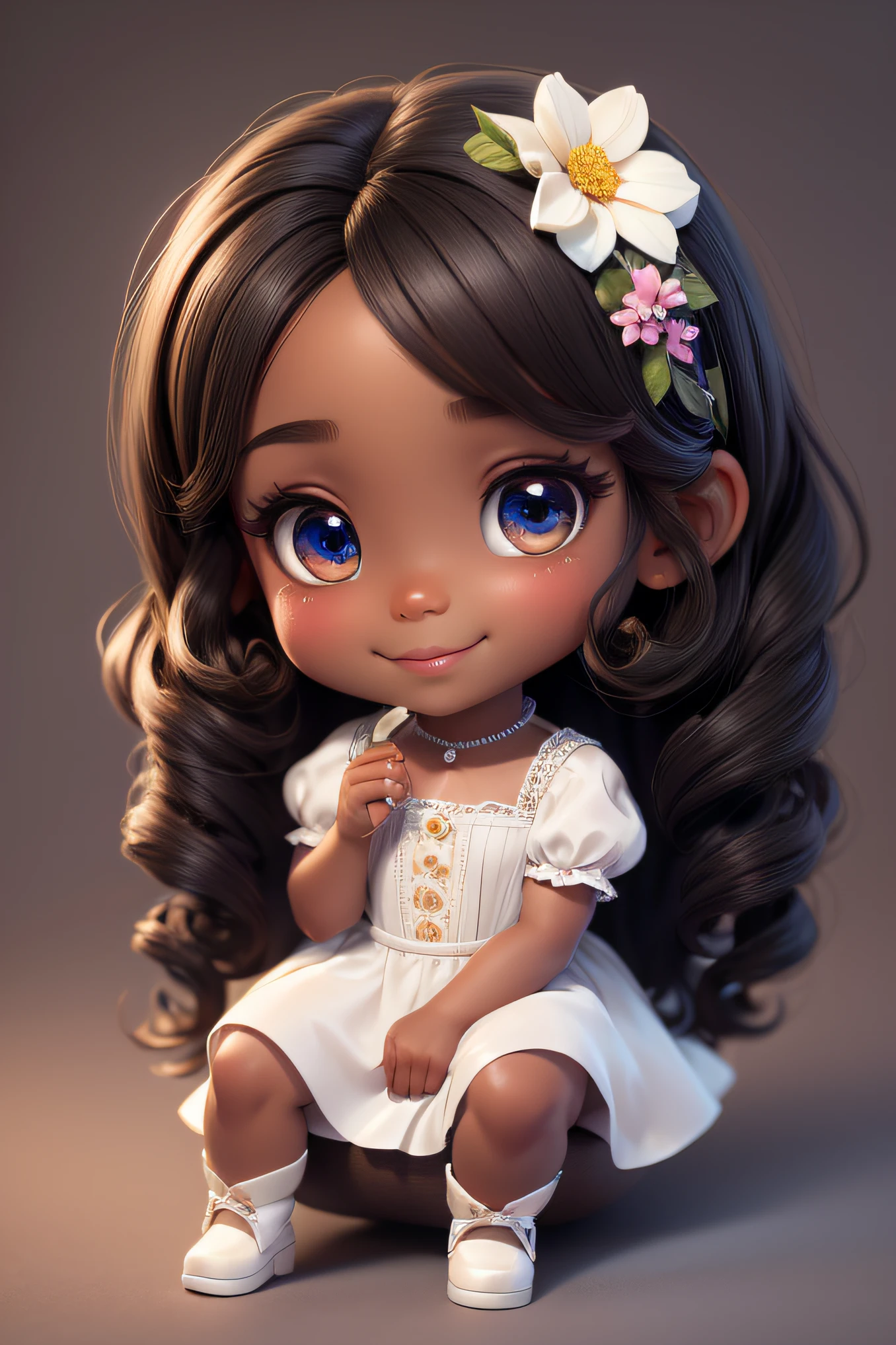 chibi 1 African children dark brown skin:5, cute smile, sitting ((full body))) "various emotions" realistic shadows, sparkling eyes, detailed skin, slightly shiny greenish brown eyes, pose for photo, long curly black hair, flowers in hair, rapunzel style, very detailed, highly detailed 8k face, perfect face shape, perfect full lips, perfect nose, beautiful and correct eyes, observant, wedding dress: 3.45, hair flowers, masterpiece , best quality, single, jeans, alone, advanced chibi