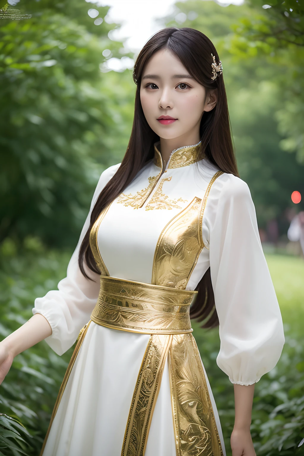 Pretty women,Young Asian woman,25 age old,Big tits, Delicate hair, Detailed face, Sexy legs,tight costume,Slim figure,traditionalcostumes,Detailed fingers,exteriors,Under the trees,gyuru,bangle