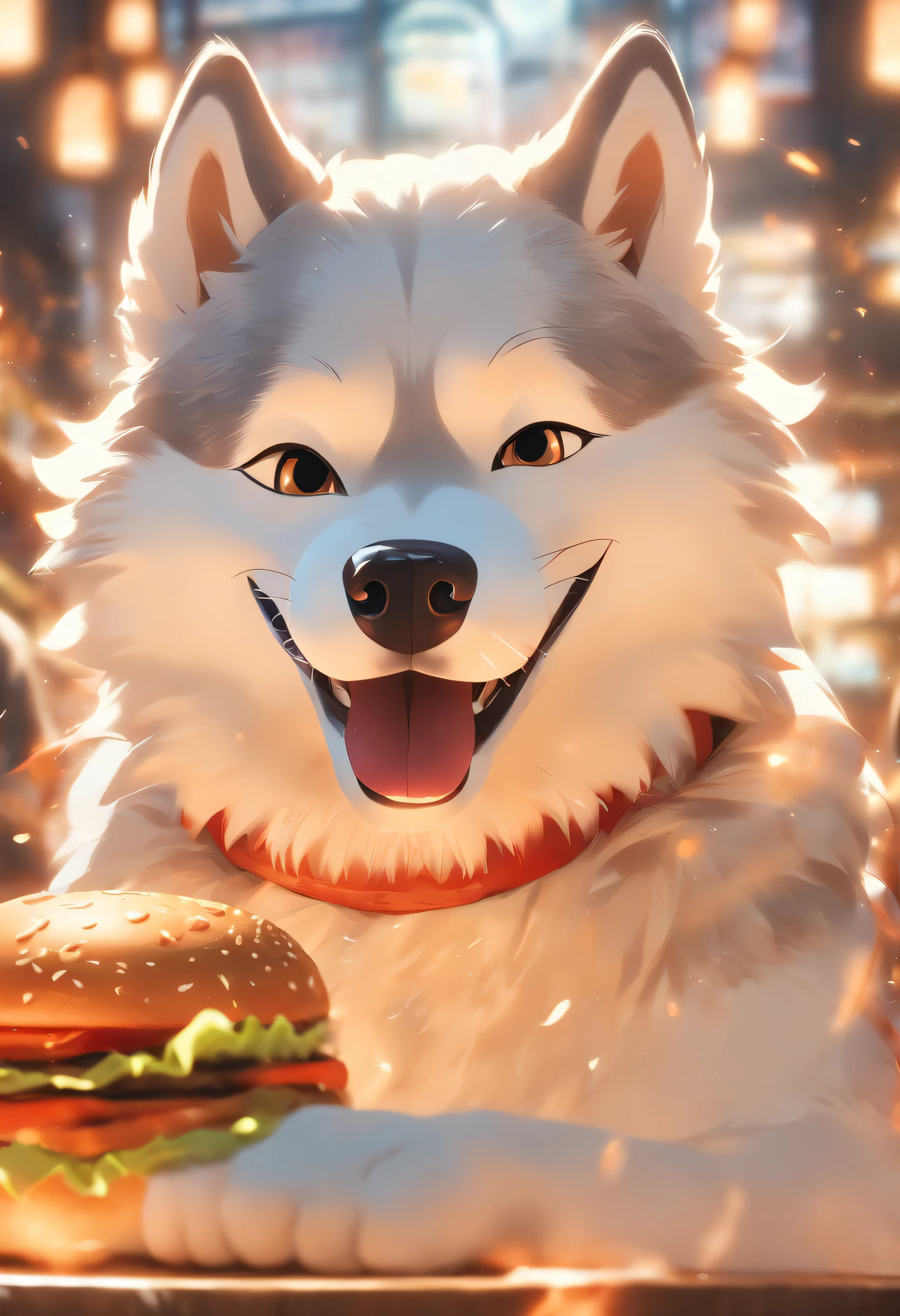 A professional photo, Yellow-white Akita Inu, Grinning, In the restaurant, Holding a large burger in both hands, Cinematic dramatic light, Smooth transition, Bokeh