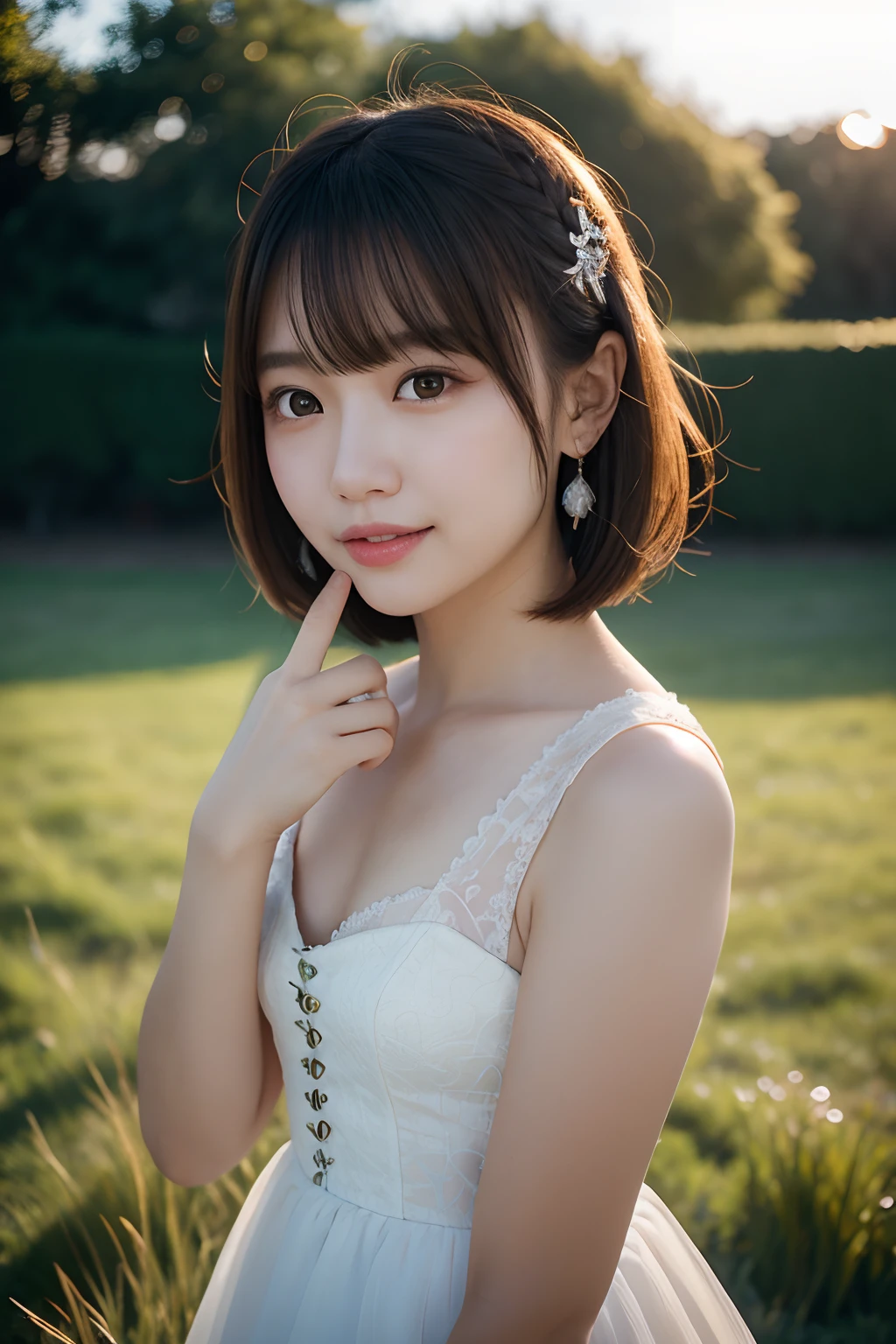 a closeup, masterpiece, top-quality, Raw foto, Photorealsitic、unbelievable Ridiculous, beautiful a girl, Bob Hair、large brests, fullnude、A slight smil、Hair fluttering in the wind、look up sky、The sun is dazzling, So I raise my hand and squint、grass field、depth of fields, hight resolution, ultra-detailliert, finely detail, ighly detailed, extremely detailed eye and face, Sharp pupils, foco nítido, Cinematic lighting
