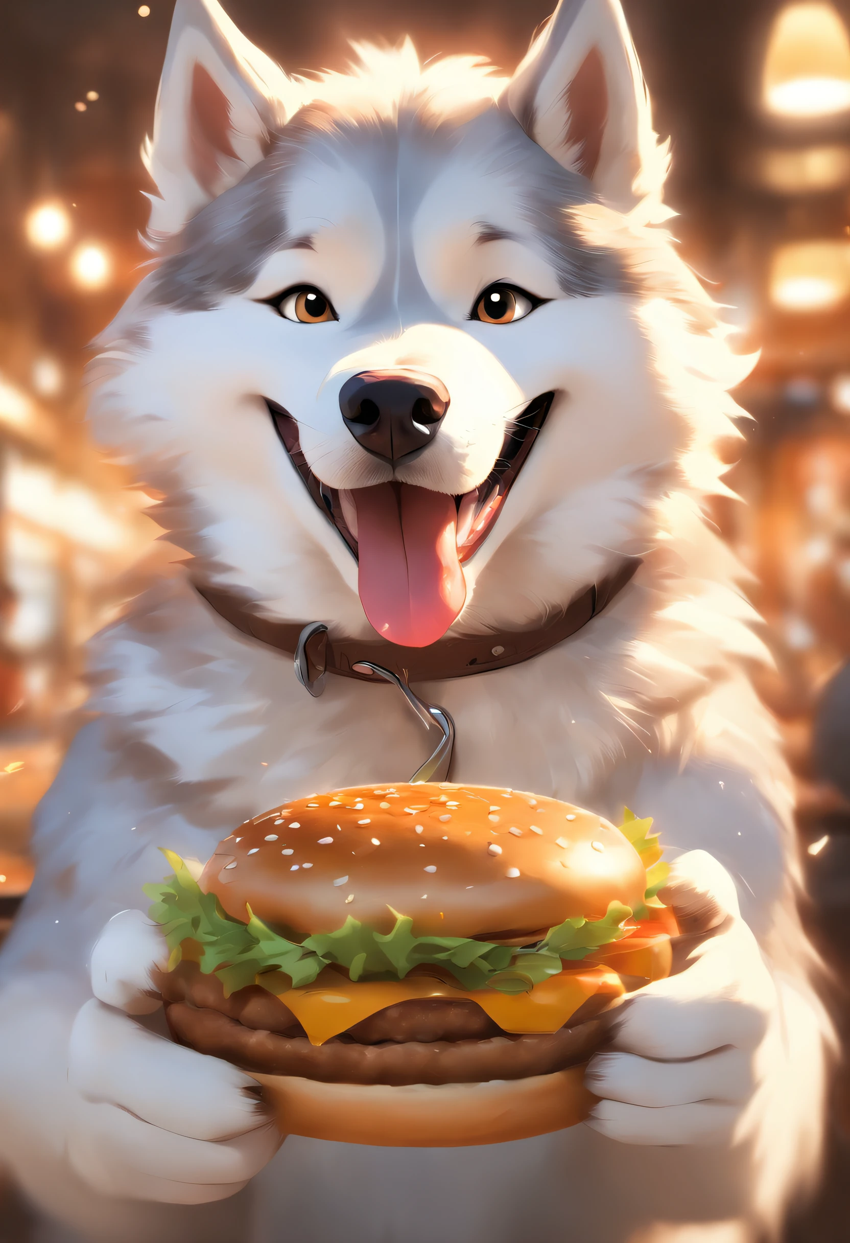 A professional photo, Yellow-white Akita Inu, Grinning, In the restaurant, Holding a large burger in both hands, Cinematic dramatic light, Smooth transition, Bokeh