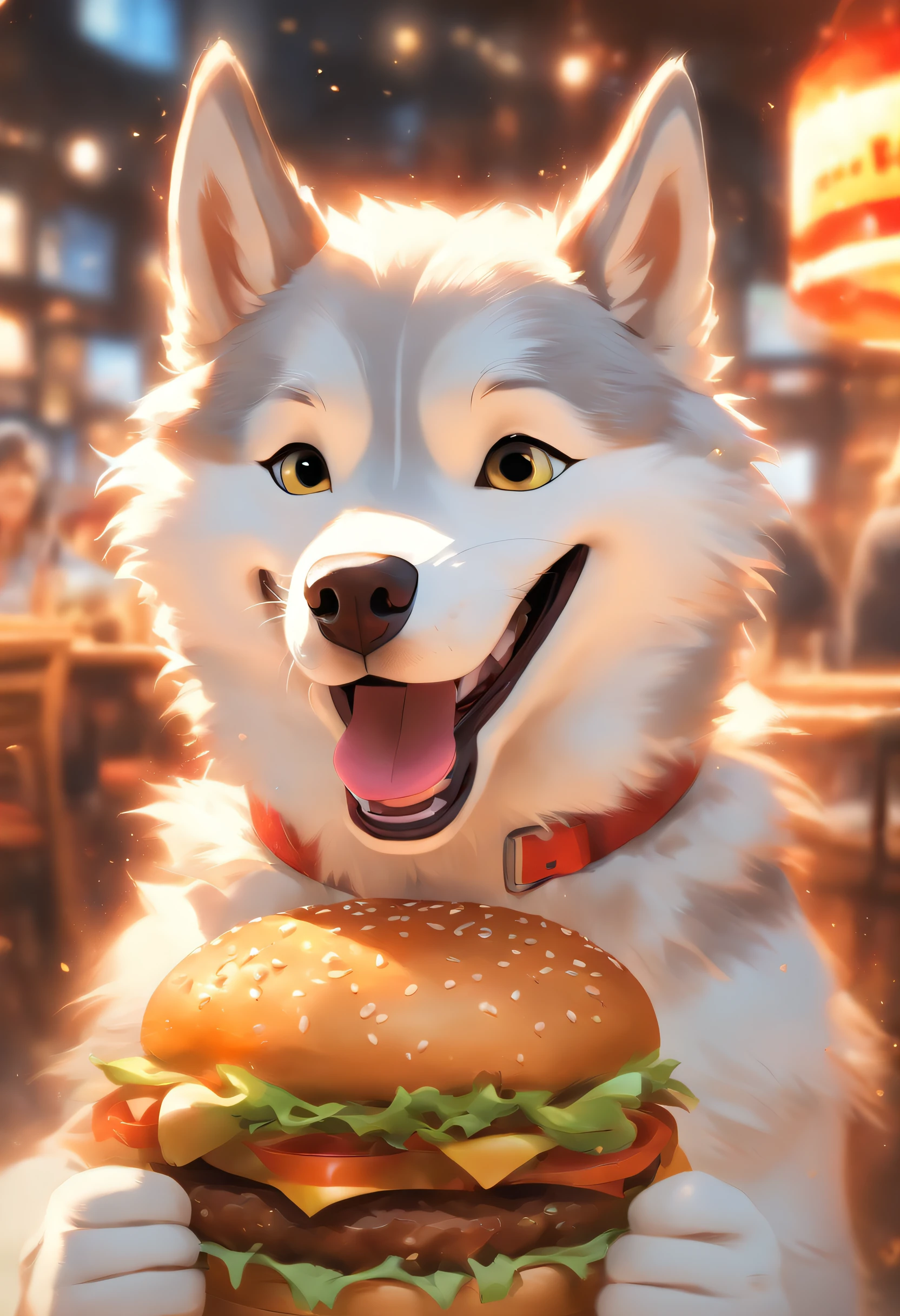 A professional photo, Yellow-white Akita Inu, Grinning, In the restaurant, Holding a large burger in both hands, Cinematic dramatic light, Smooth transition, Bokeh