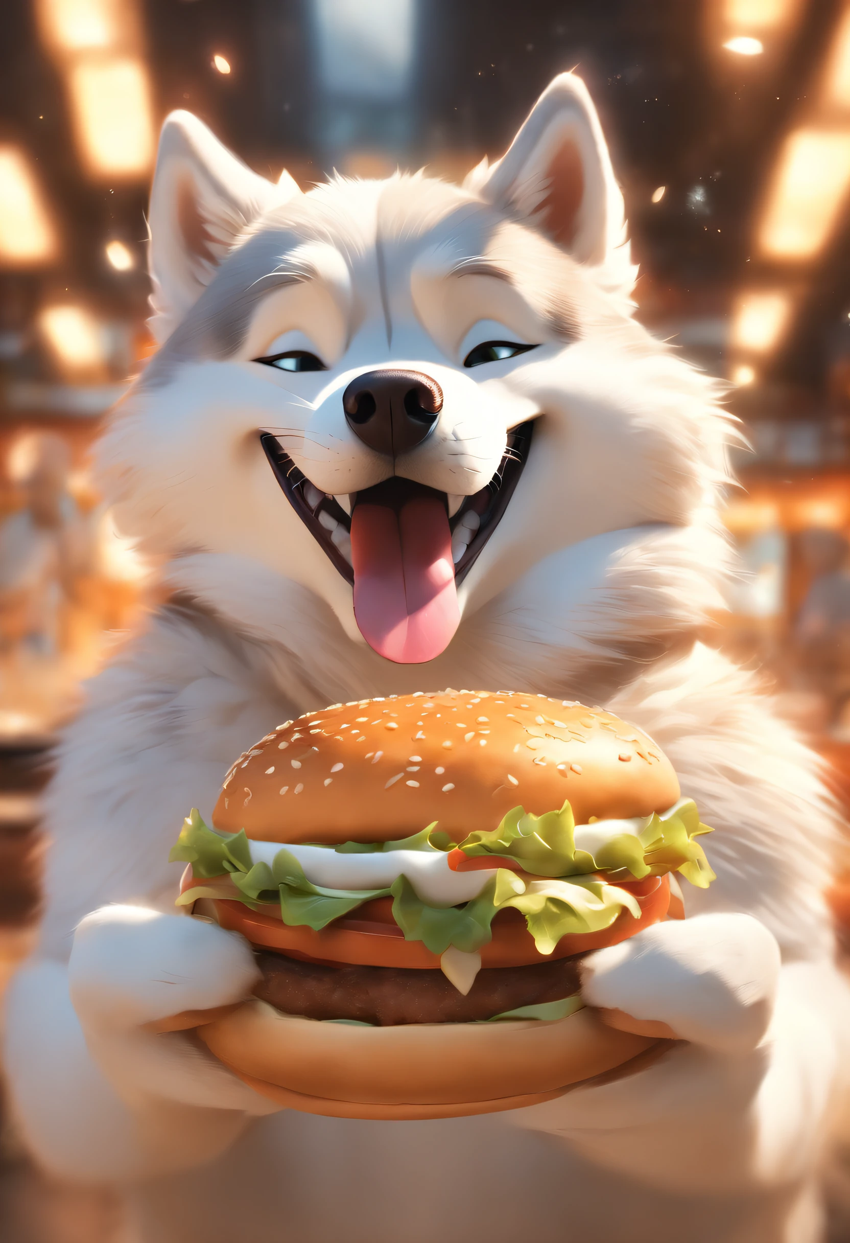 A professional photo, Yellow-white Akita Inu, Grinning, In the restaurant, Holding a large burger in both hands, Cinematic dramatic light, Smooth transition, Bokeh