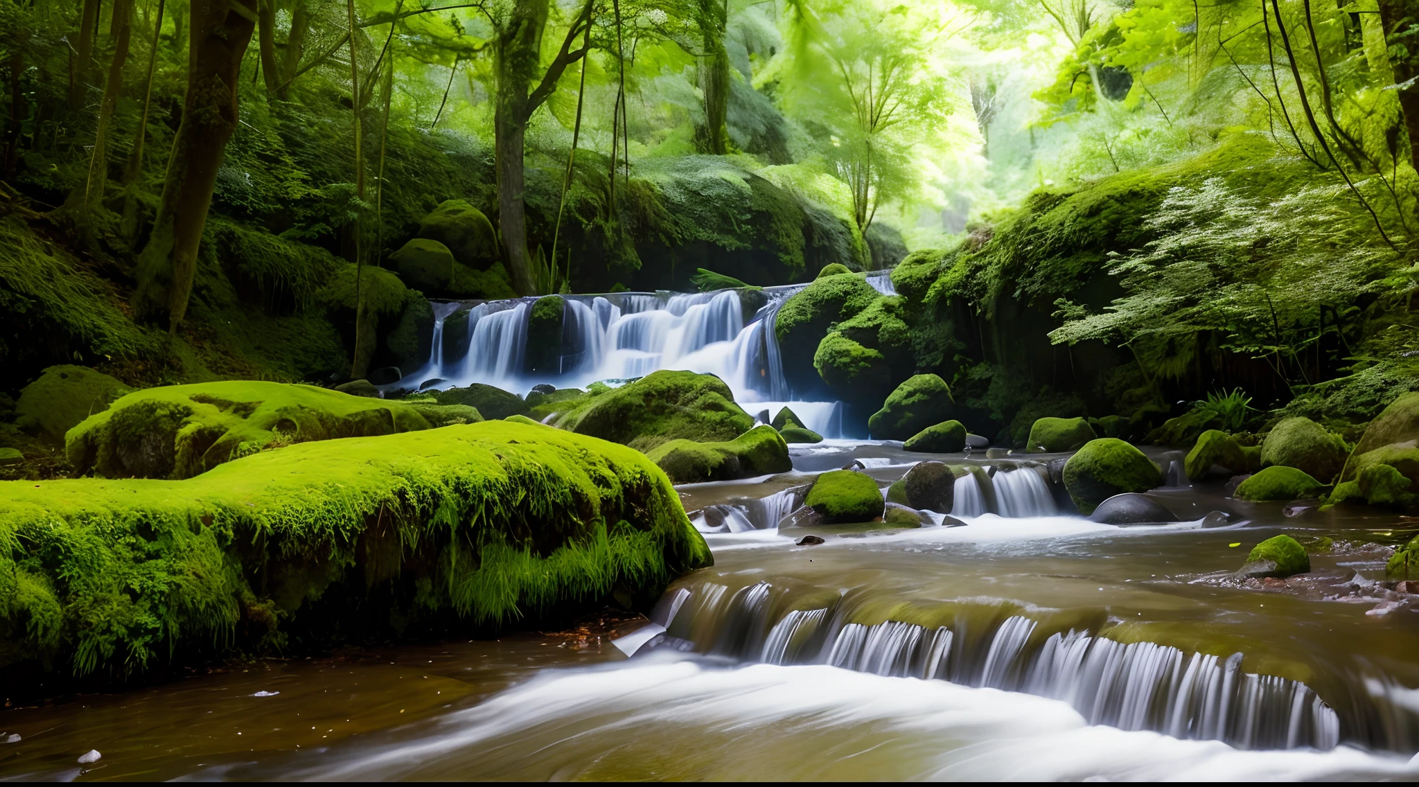 there is a stream running under a bridge in the woods, Rio em uma floresta, Ponte Fairyland, japan lush forest, Misterioso ， riacho, ponte de pedra sobre o ribeiro, lush mossy canyon, ponte de pedra, japan nature, Riacho da vida real, countryside in japan, water stream, Rio na Madeira, Floresta e rio, Shutterstock, Directed by: Etienne Delessert