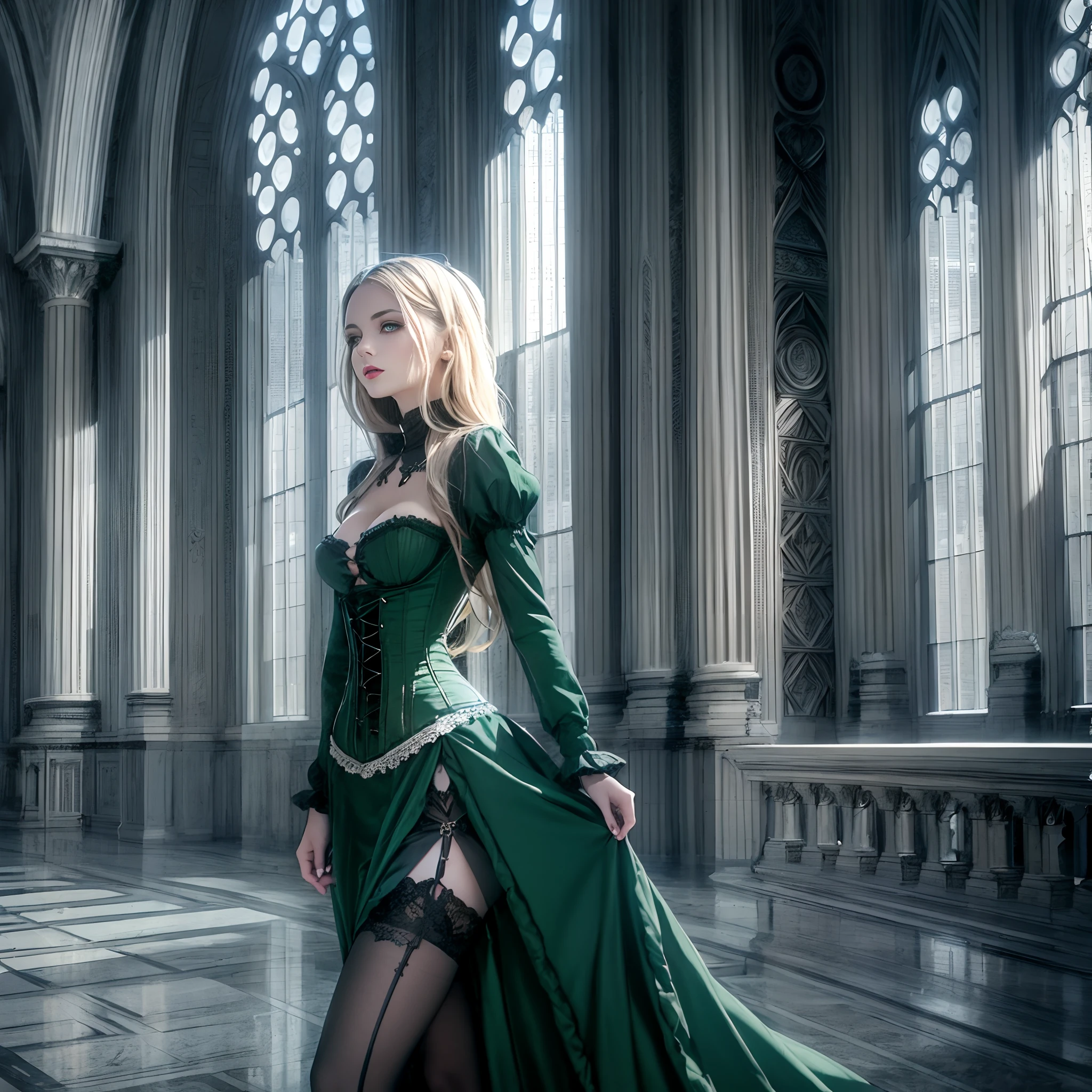 1 girl, Young, nice ass, dark green eyes, blond hair, palace, Gothic style of architecture, Slim physique, dress with corset, straight high nose.