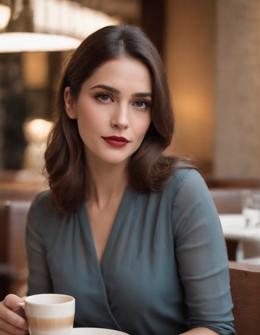 Fashion of the 2010s, Primer plano medio, Canon EF 85mm f/1.2L II USM, A woman is sitting with her coffee in a restaurant，（Pon tus manos debajo de la mesa）， con una chaqueta negra y labios rojos, Emphasis on facial expression, Moda callejera