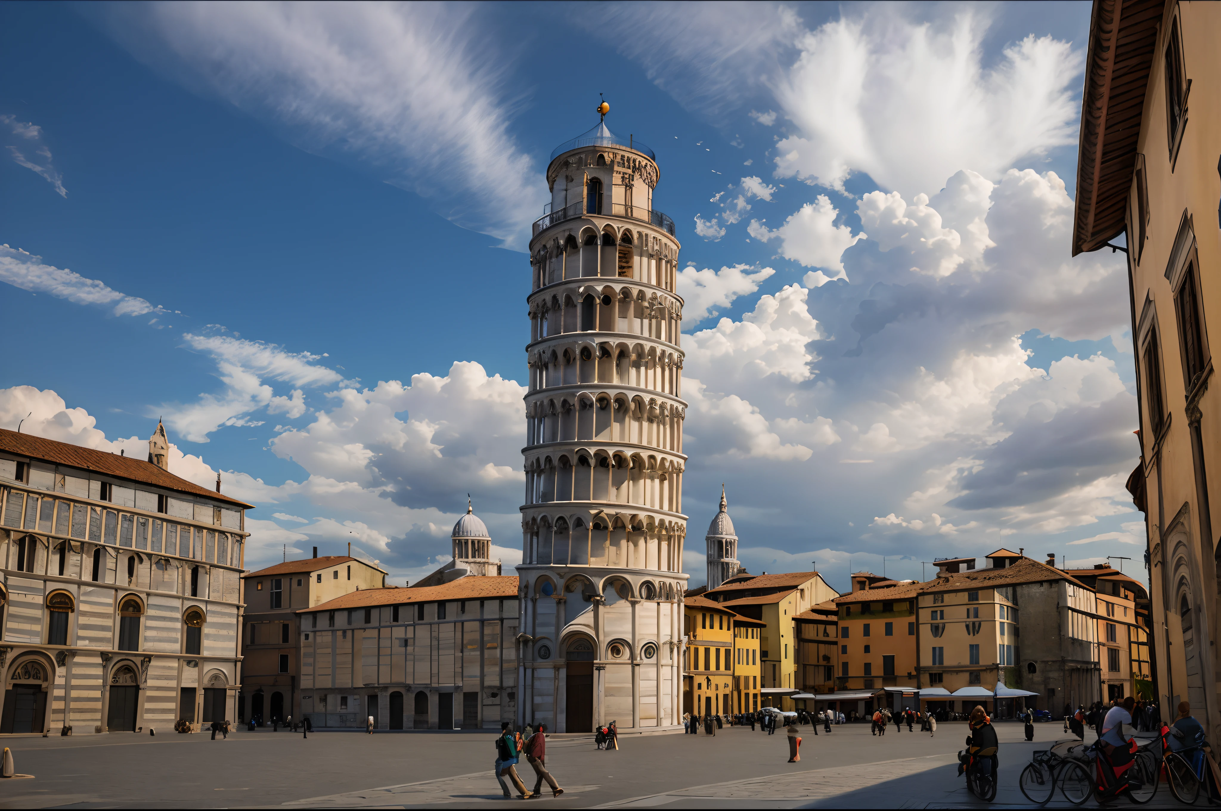 A very detailed photography of a square in Pisa with the leaning tower, hyperrealistic, dramatic sky
