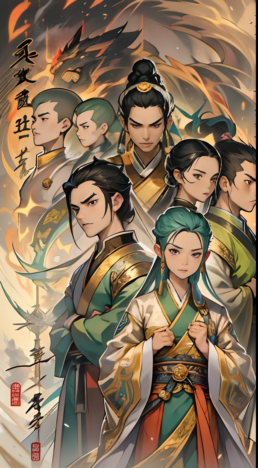 A group of young and energetic people gathered together, with a strong aura emanating from them. Among them, Li Gu stands tall and straight, with eyes shining with determination. Representatives of the eight major forces stand in the distance, looking at them with contempt and disdain, , 32k, best quality, masterpiece, super detail, high details