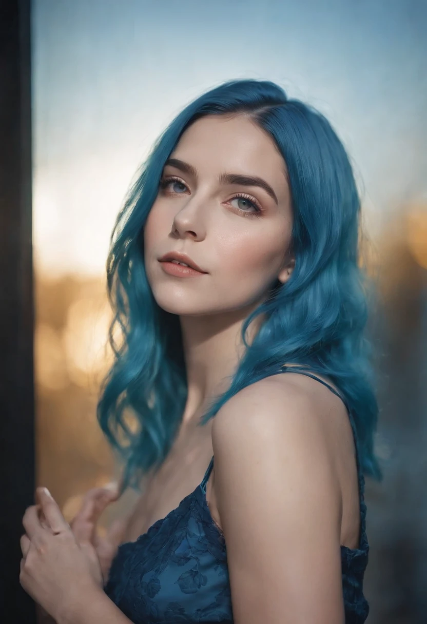 a young girl with blue hair on a blue background, in the style of multiple exposure, dark cyan and light amber, leica cl, uhd image, portraitures, golden light