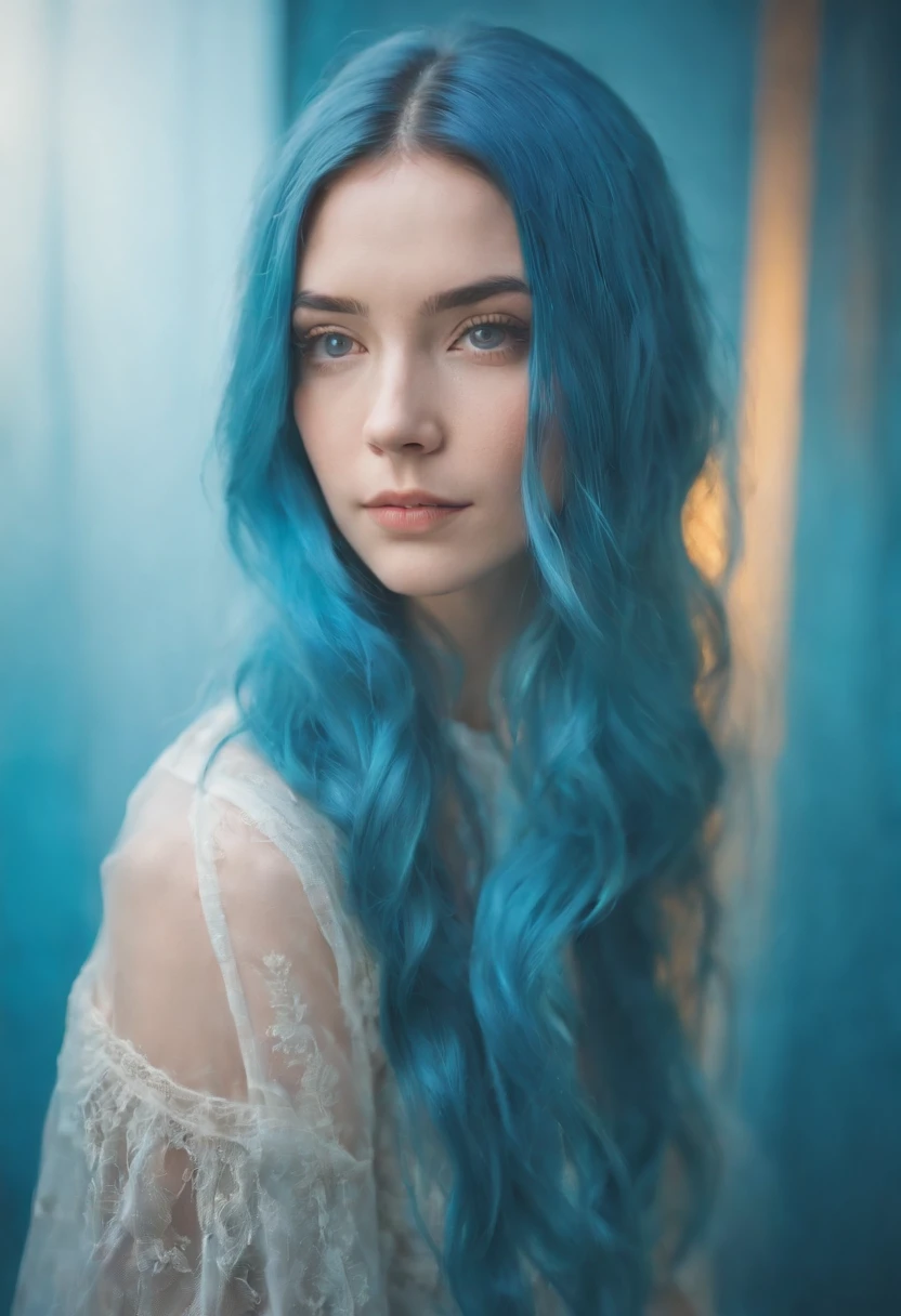 a young girl with blue hair on a blue background, in the style of multiple exposure, dark cyan and light amber, leica cl, uhd image, portraitures, golden light