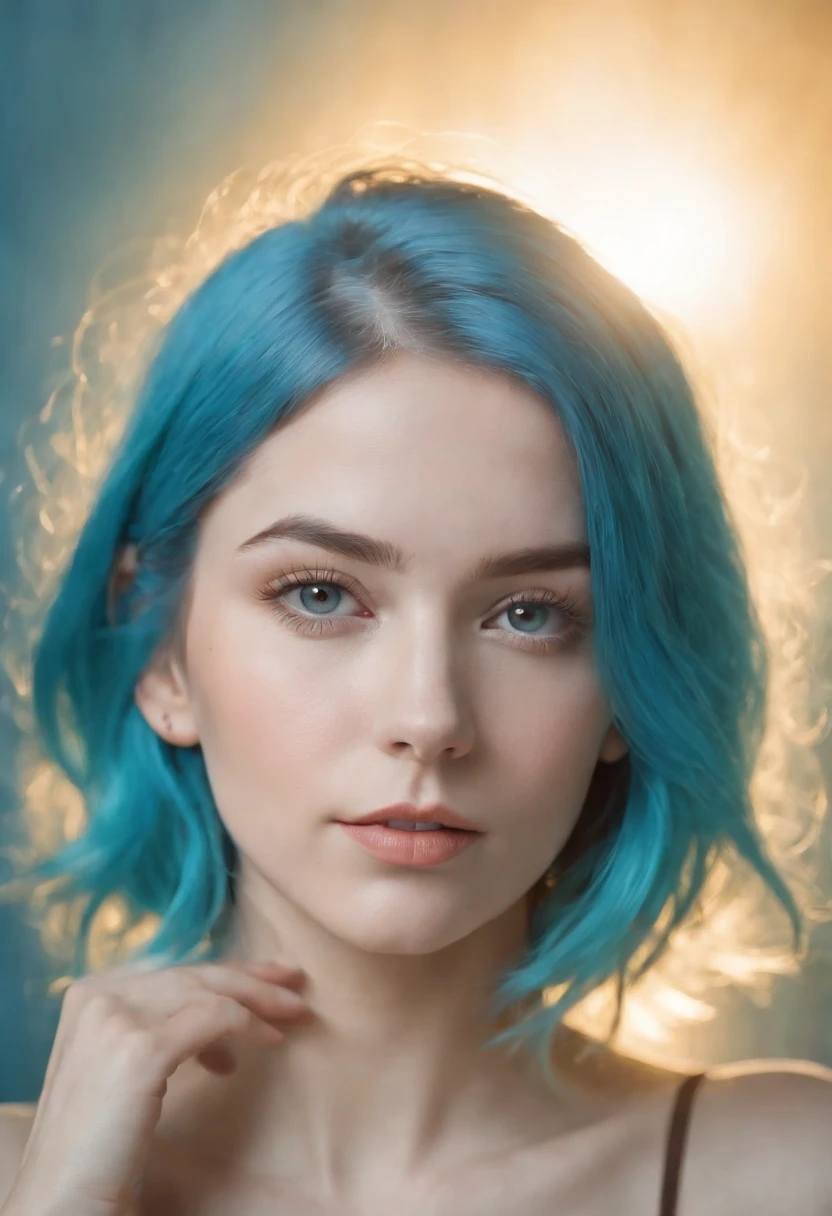 a young girl with blue hair on a blue background, in the style of multiple exposure, dark cyan and light amber, leica cl, uhd image, portraitures, golden light