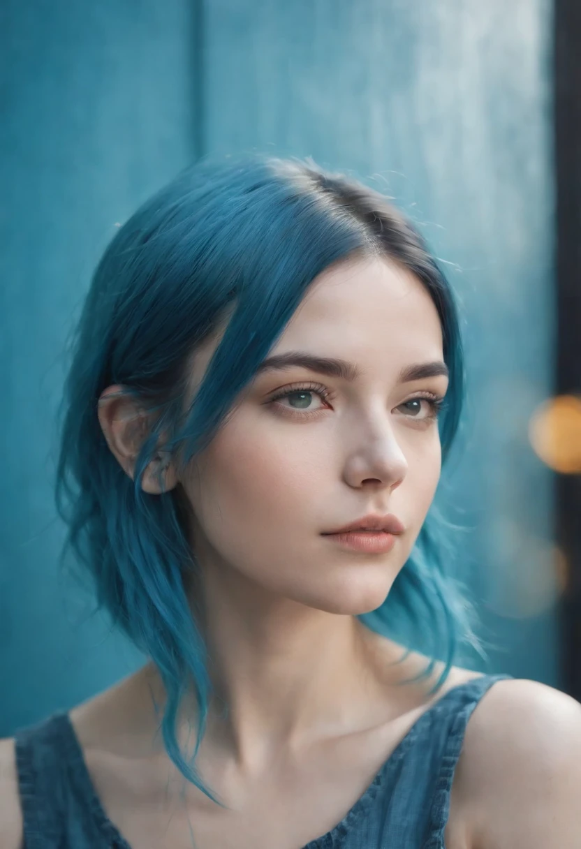 a young girl with blue hair on a blue background, in the style of multiple exposure, dark cyan and light amber, leica cl, uhd image, portraitures, golden light