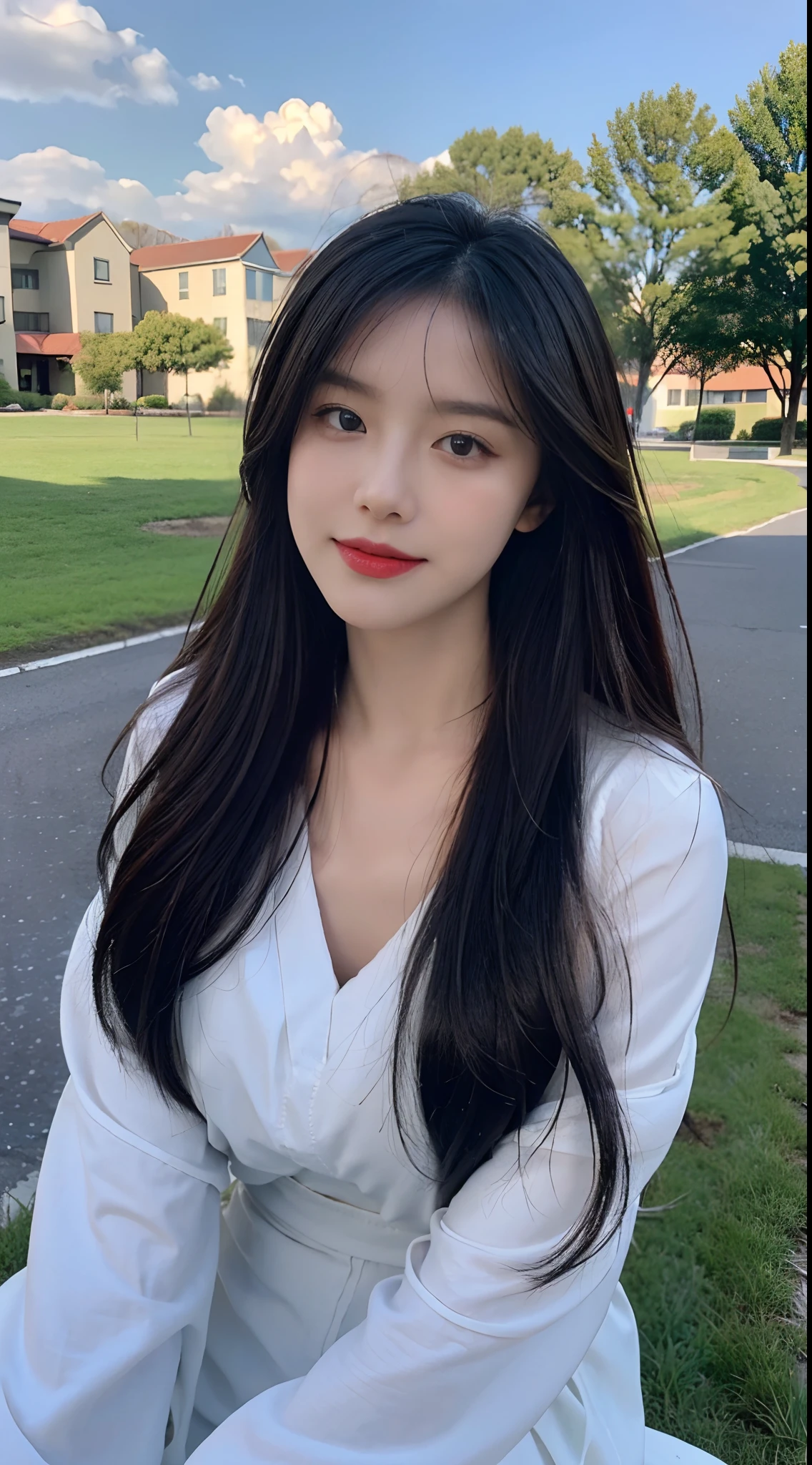 ((Best Quality, 8K, Masterpiece:1.3)), A beautiful girl, pure, melon face, gentle and cute, sweet smile, pure desire, thin figure, (frontal), (tilted head), looking directly at the camera, uniform, obi, formal, black silky long straight hair, long hair flowing over the shoulders, round black big eyes, clear big eyes, moist red lips, sweet, sitting on the side of the road, blue sky and white clouds, grass, buildings,