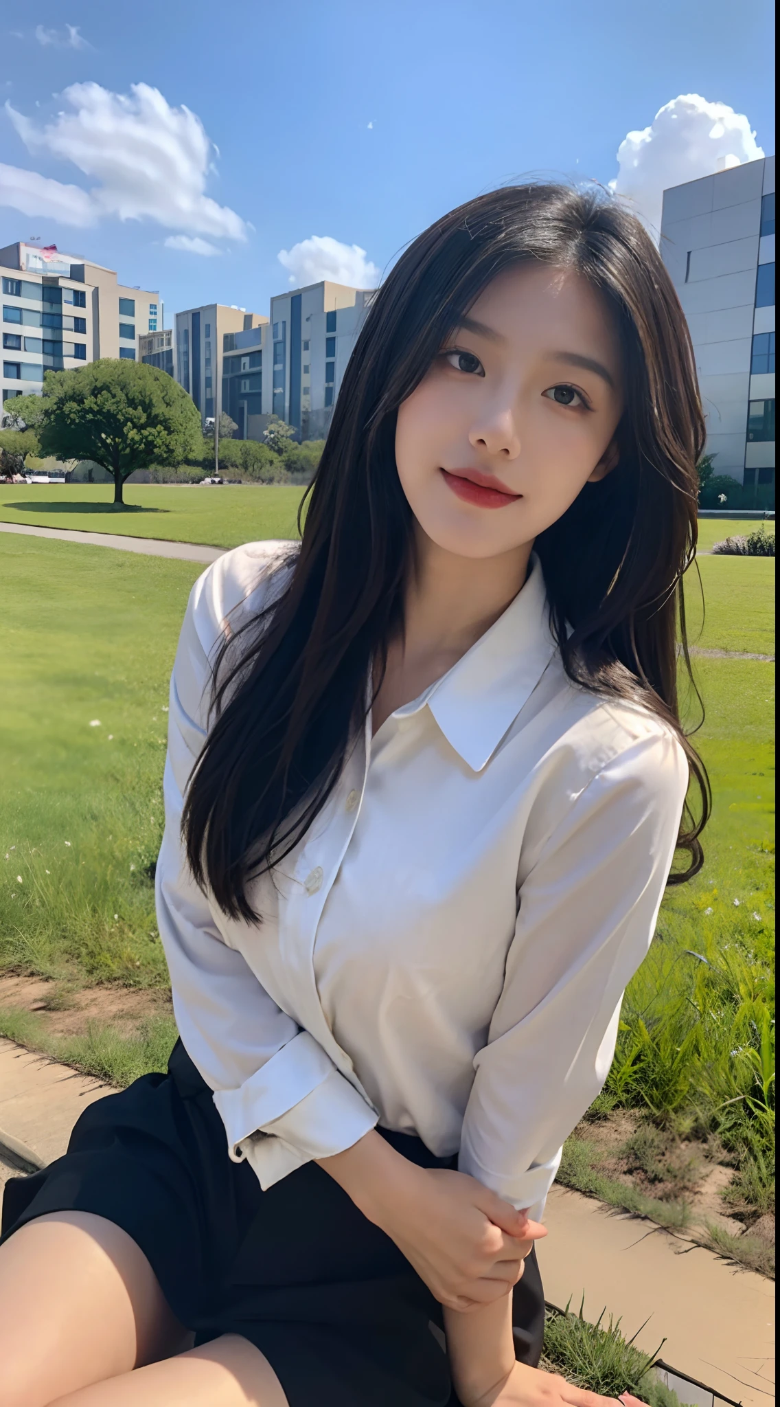 ((Best Quality, 8K, Masterpiece:1.3)), A beautiful girl, pure, melon face, gentle and cute, sweet smile, pure desire, thin figure, (frontal), (tilted head), looking directly at the camera, uniform, obi, formal, black silky long straight hair, long hair flowing over the shoulders, round black big eyes, clear big eyes, moist red lips, sweet, sitting on the side of the road, blue sky and white clouds, grass, buildings,