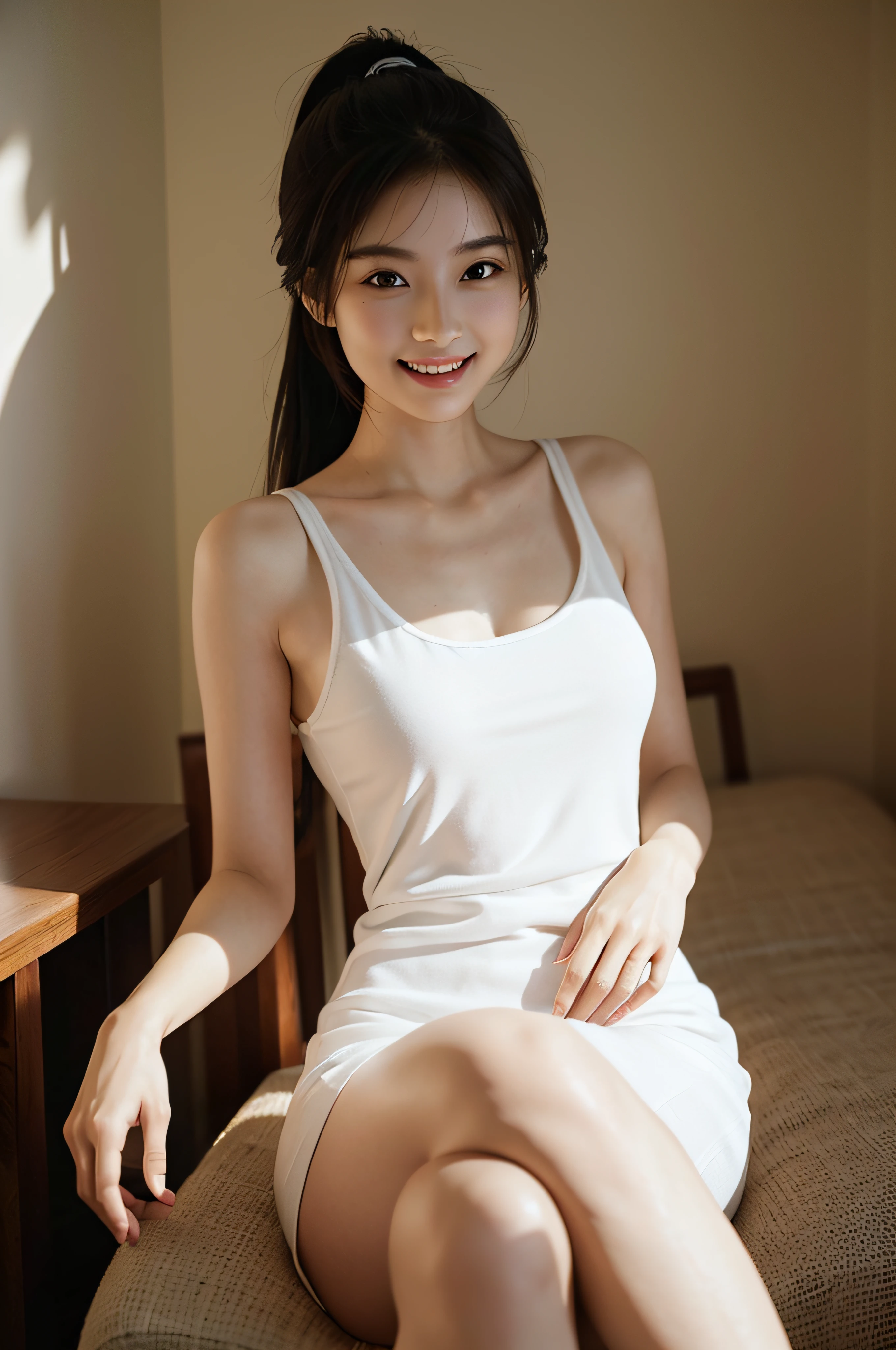 8K分辨率，hyper HD，Realistic skin texture，Realistic light and shadow，Real hair，Beautuful Women，Tall figure，Holy，Pure，Royal Sister，look straight at the camera，beachside，Warmth，Homely atmosphere，Raised sexy，sensuality，information，Gentle acceptance，Real eyes，There are God's eyes，White skin，Slender fingers，An expression of happiness，Lovely appearance，Real water，summer day，High ponytail，Expose your palms，grin