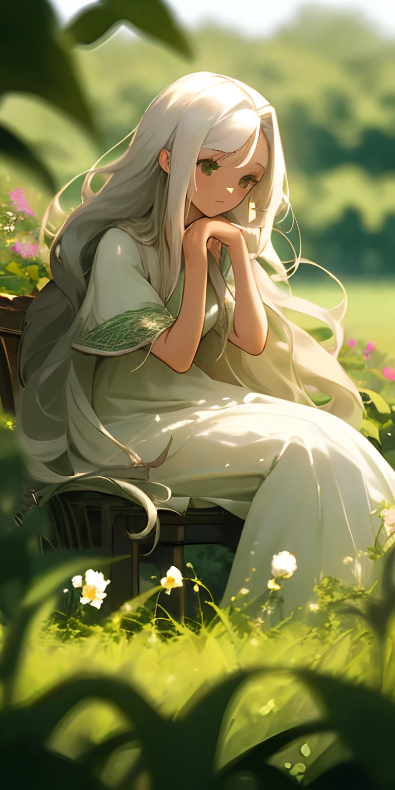 (masterpiece, best quality),1girl with long white hair sitting in a field of green plants and flowers, her hand under her chin, warm lighting, white dress, blurry foreground