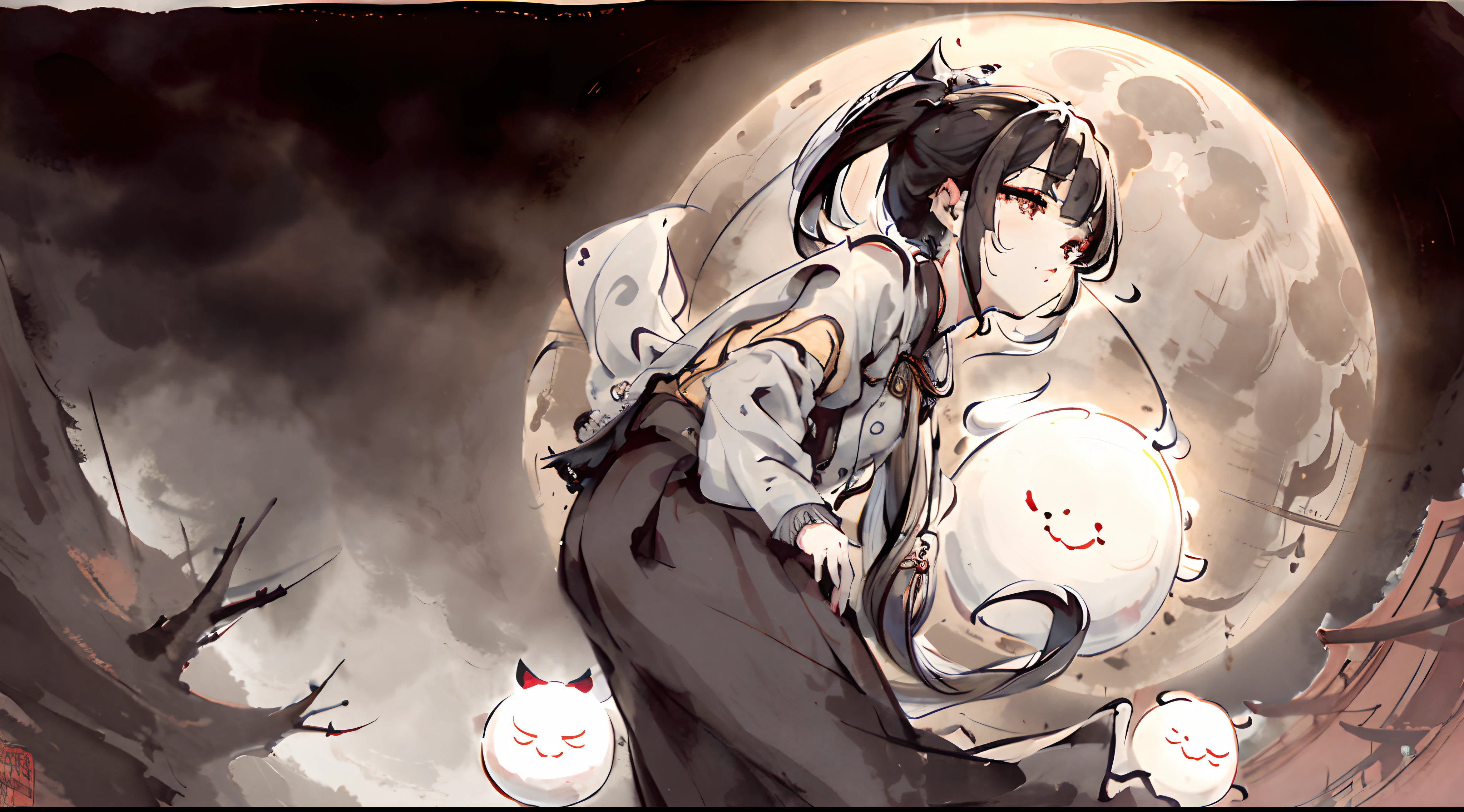 Cute and scary haunted characters、Heaven and earth are chaotic、Cute and scary photo floating in the river under a fantastic full moon, by Yang J, chinse landscape, by Victor Wang, chinese fantasy, andreas rocha style, by Fan Qi, By Raymond Han, by Qu Leilei, inspired by Andreas Rocha, inspired by Fenghua Zhong, by Song Xu, 4 k digital painting, 4 k digital painting