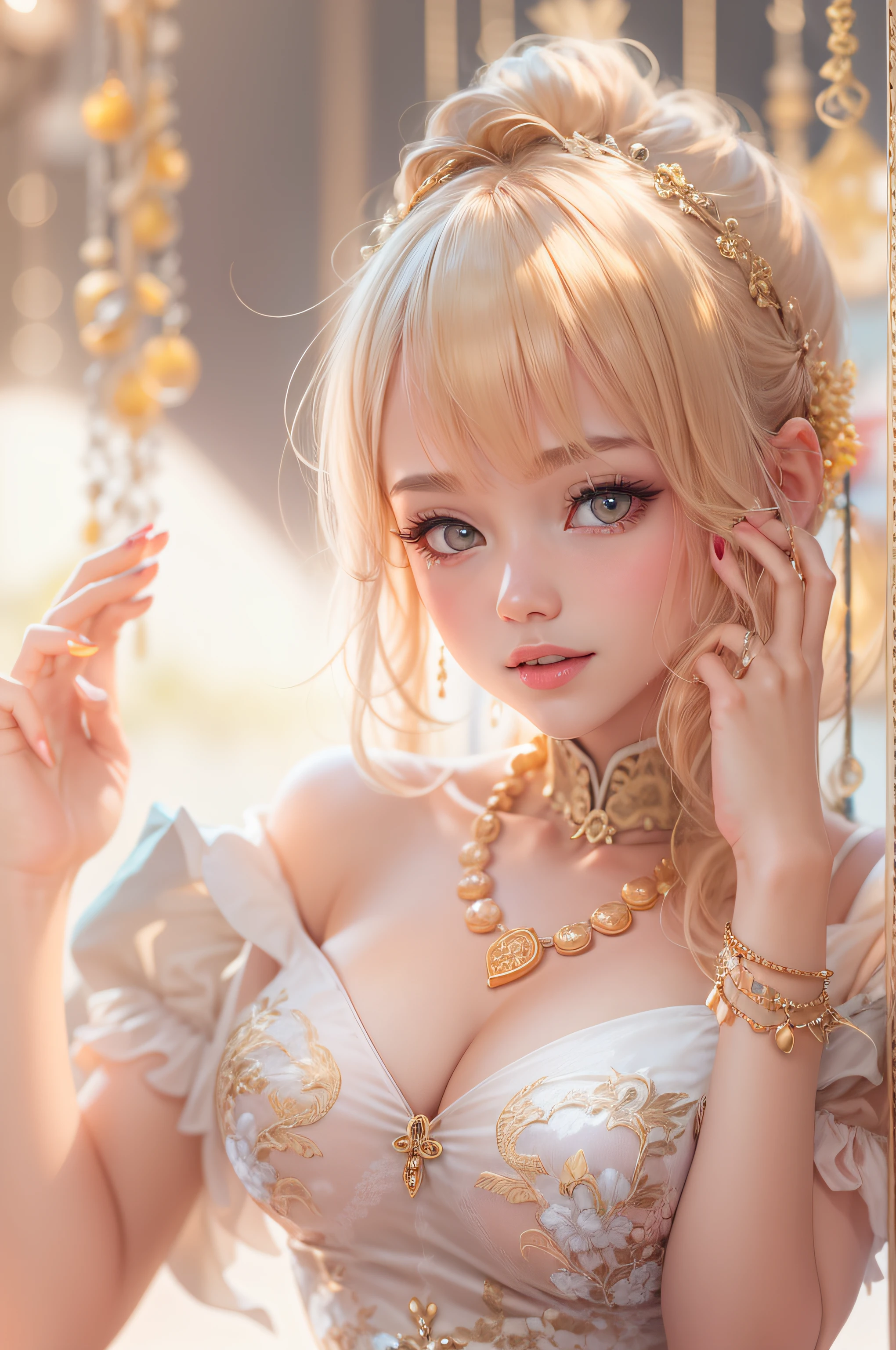 1girll,china dress,hair adornments,necklace, jewelry,Beautiful face,after sexing_Body,hyper HD, Digital SLR, Soft lighting, High quality, voluminetric lighting, candid, photographed, high resolution, 4K, Bokeh, Blonde hair,
