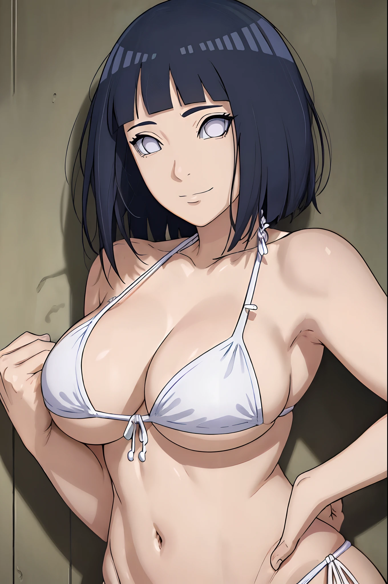 (WALLPAPER, (hinata\(boruto\), (((white string bikini))), masterpiece, 4k, vector coloring, whole body shot, (high color saturation), contrast lighting, mature female, (curvy:0.8), solo, anime style, sharp focus, professional artwork, intricate details, colorful, vibrant colors, vivid colors, digital blending, ultra detailed body, ultra detail hair, ultra detail face, trending on pixiv, very hot colors, (((beach background, outdoors))), detailed bold arm lines, high color saturation, bold lines, bold drawing lines),
(((hand lean against wall)), (head tilt), closed mouth, kind smile, gentle look),
((dark blue hair color:1.1), wavy hair, ((short hair, hime cut)),
(perfect eyes, white sciera, bright eyes, white eyes, anime eyes, smoky eyeliner, eyeshadow)
(white skin, (fair skin), slender body, milf, perfect face),
(legs, big breasts, off-shoulders, (detailed shoulders, detailed arm lines)),
(bare shoulders, bare legs, (hand on hip),