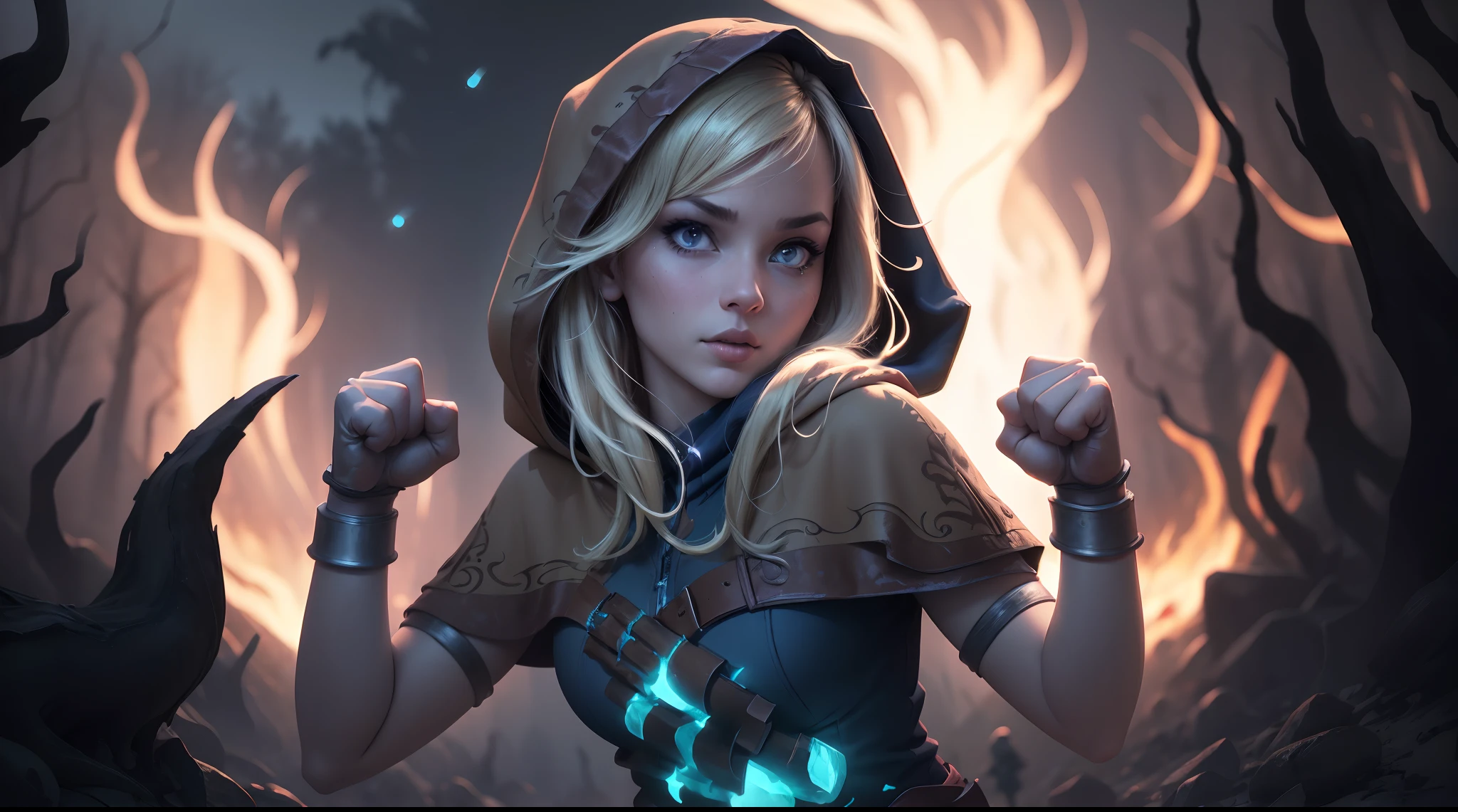 (masterpiece, best quality), intricate detail, 1 girl, solo,spellthieflux, hood, capelet, blue shirt, glowing, bracelet, belt, night, stars, forest, blue theme, blue glow,, portrait, lookin at viewer, cinematic, dark atmosphere, dark fire burning background, volumetric lighting, half body, black background, (fists up)