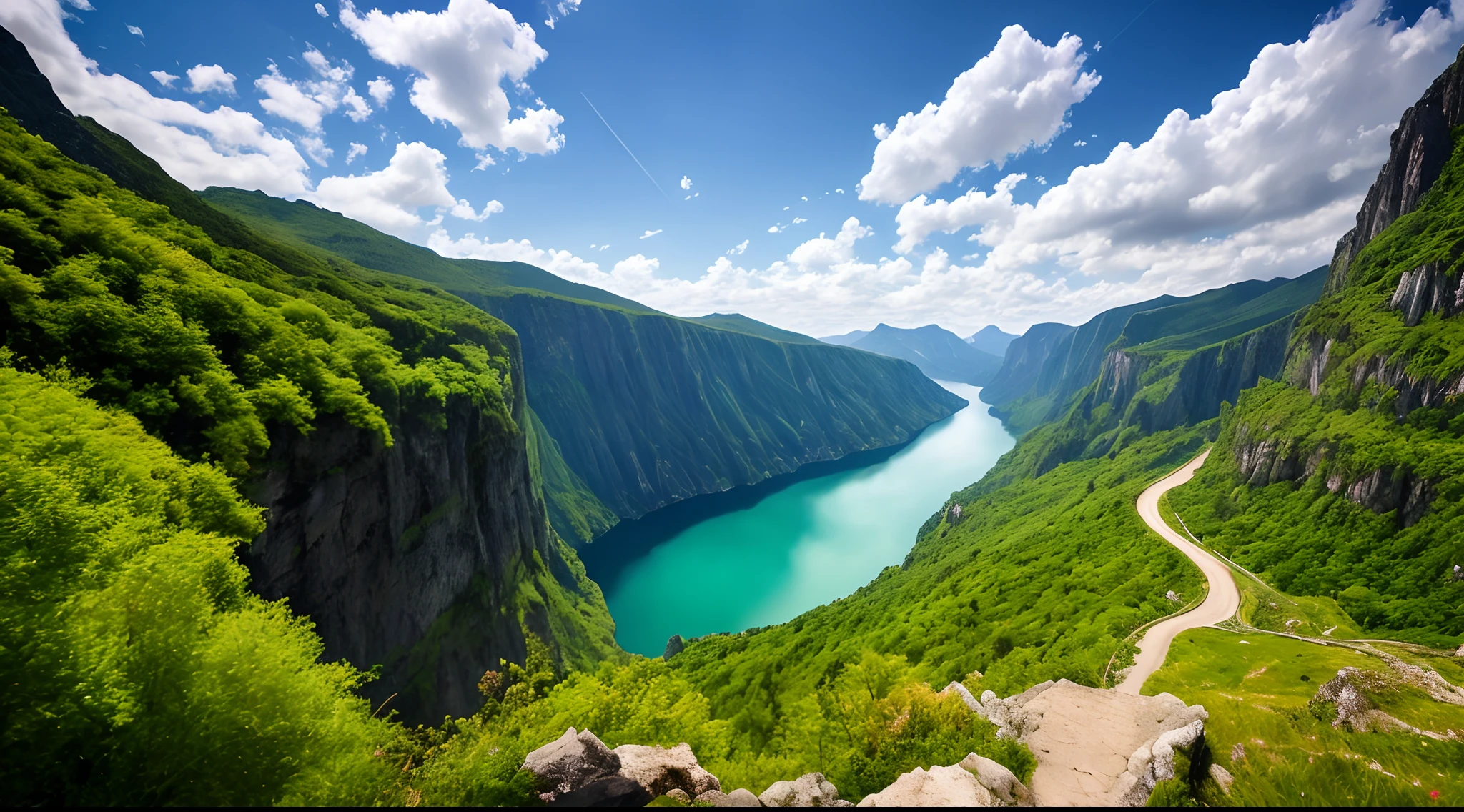 Masterpiece, ultimate quality, Cg unity 8k wallpaper, super delicate, beautiful sky and clouds, rich natural scenery, cliffs, lakes and rivers, waterfalls and flying water, beautiful green mountains, no trace of people, excellent scenery, has already won a photo contest, background Blurring, full depth of field, HDR high dynamics, true restoration, intricate, extreme details, dramatic presentation, perfectly presenting the style of midjourney art.