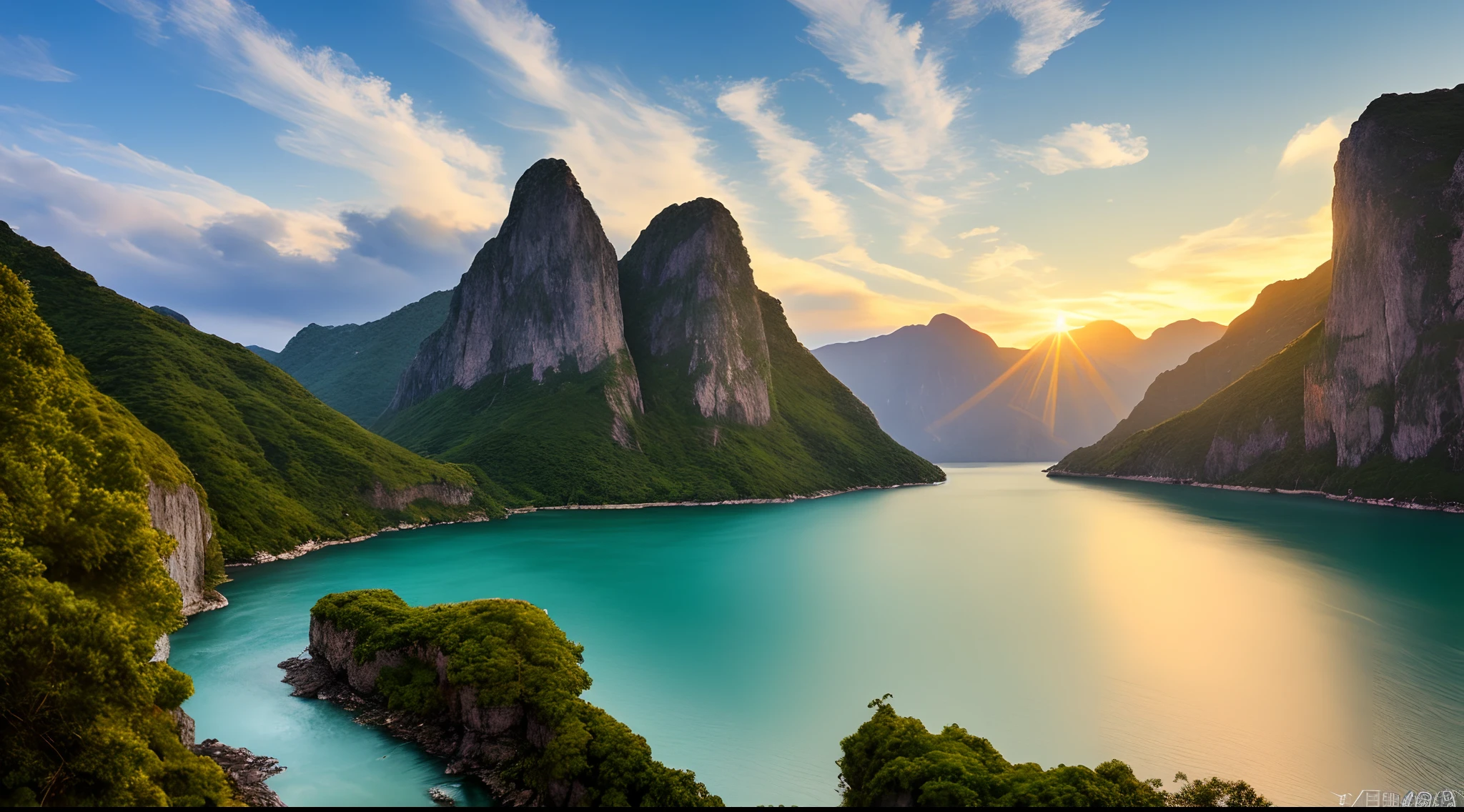 Masterpiece, ultimate quality, Cg unity 8k wallpaper, super delicate, beautiful sky and clouds, rich natural scenery, cliffs, lakes and rivers, waterfalls and flying water, beautiful green mountains, no trace of people, excellent scenery, has already won a photo contest, background Blurring, full depth of field, HDR high dynamics, true restoration, intricate, extreme details, dramatic presentation, perfectly presenting the style of midjourney art.