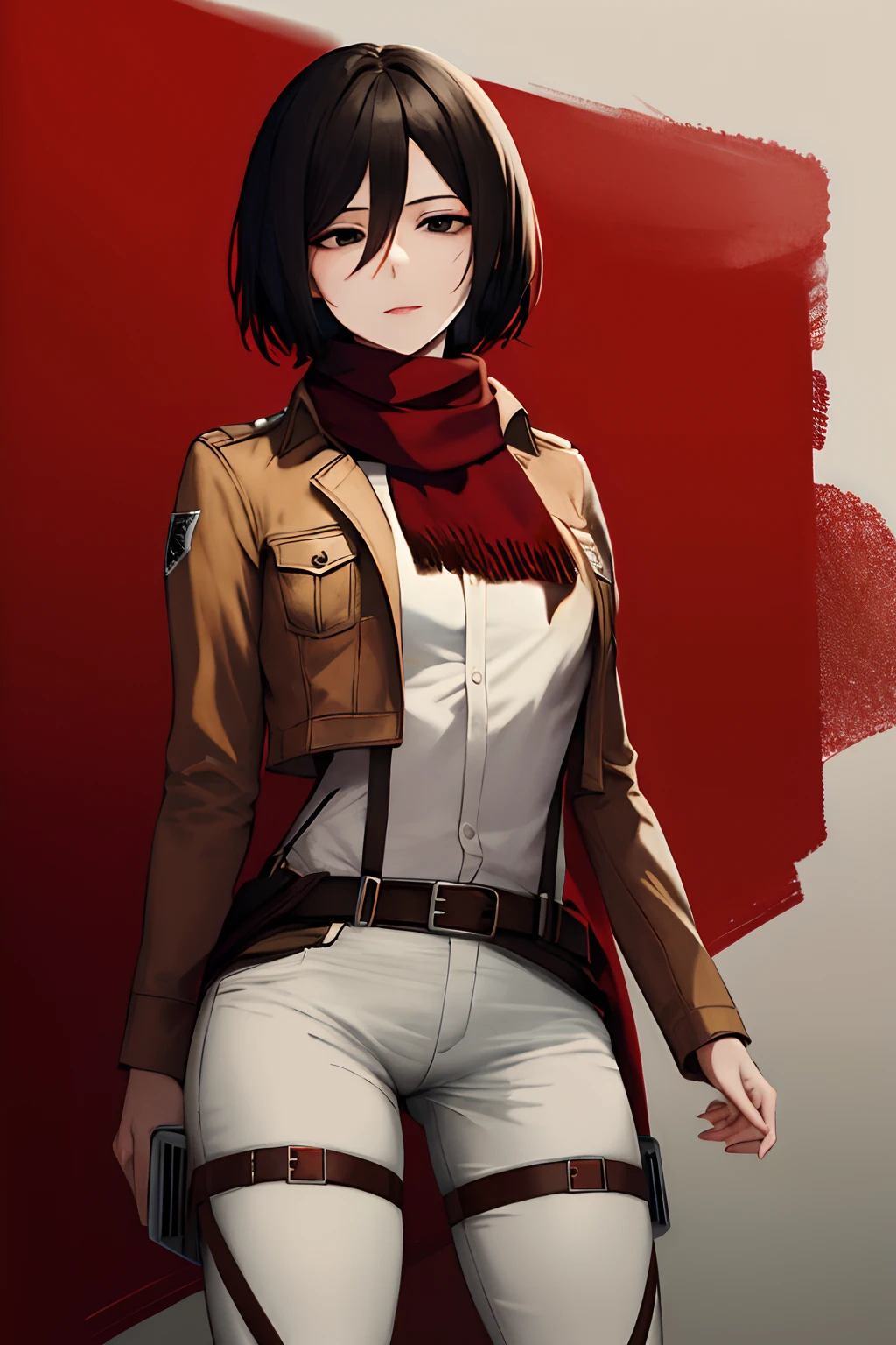 masterpiece, best quality, highres, hmmikasa, short hair, black eyes, scarf, emblem, belt, thigh strap, red scarf, white pants, brown jacket, long sleeves, cowboy shot, standing