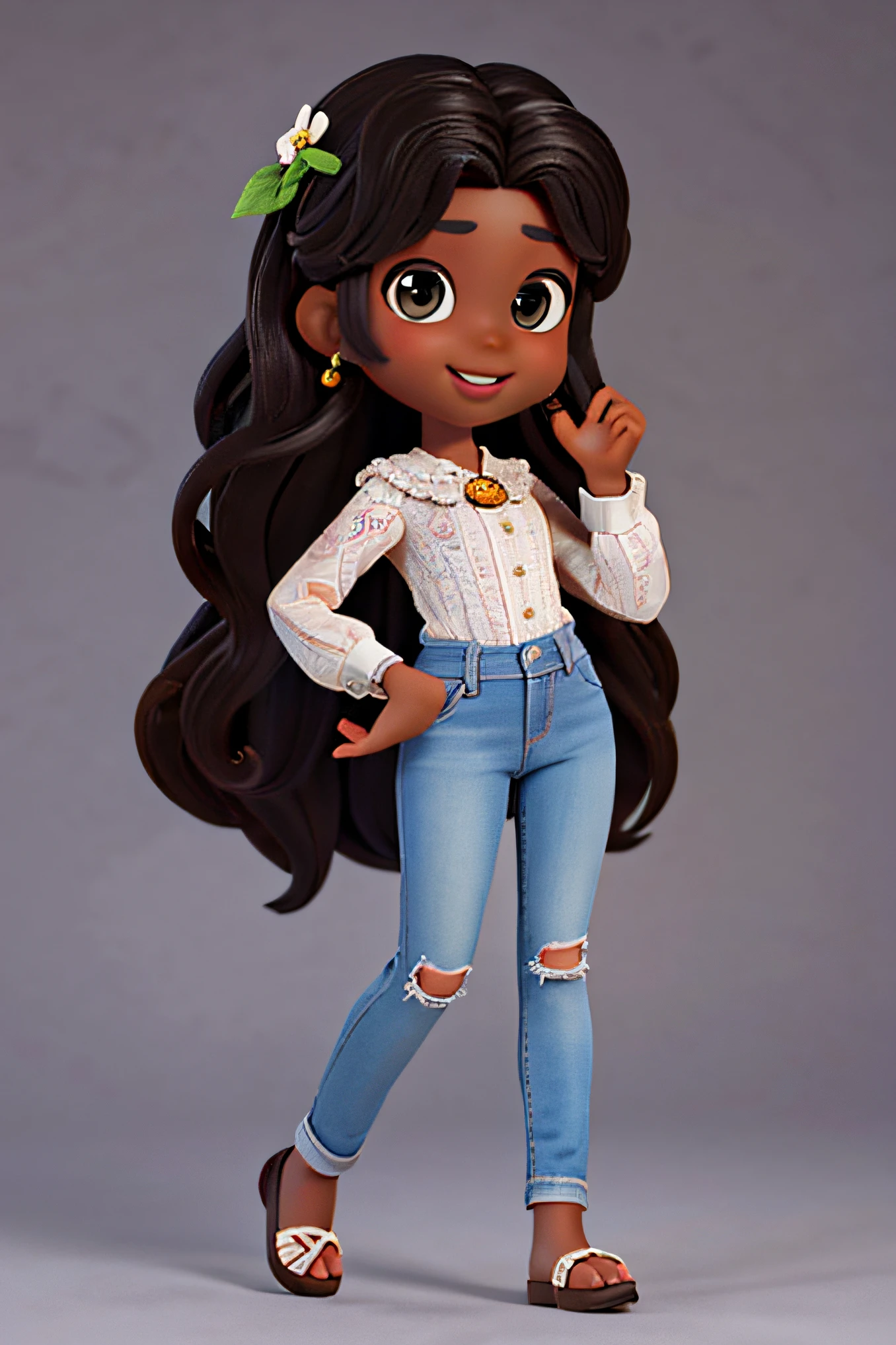 chibi 1 African children dark brown skin:3, cute smile, sitting ((full body))) "various emotions" realistic shadows, sparkling eyes, detailed skin, slightly shiny greenish brown eyes, pose for photo, long curly black hair, flowers in hair, rapunzel style, very detailed, highly detailed 8k face, perfect face shape, perfect full lips, perfect nose, beautiful and correct eyes, observant, wedding dress: 3.45, hair flowers, masterpiece , best quality, single, jeans, alone, advanced chibi
