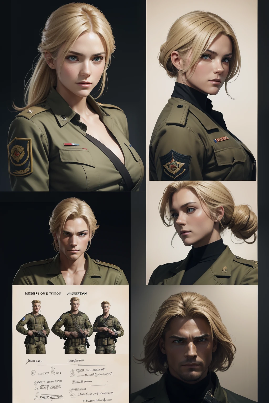 Personnage nom de code KRAIZON, American soldier, (((feuille de personnage))) (Multiple views Whole Body Upper Body Reference Sheet:1),, Croquis complet du corps avec expression souriante, High-angle sketch with serious expression ,, Latent,, Realistic Super Soldier, looking at the camera, White man with face in the center of the screen, Cheveux blonds de style Guile-style du jeu Street Fighter, Background to the ongoing war scene, Soldiers running with machine guns in their hands, explosions dans le ciel, just the character's face in the left corner of the screen, Perfect realistic graphic novel design, {{{Realistic digital illustration}}}, Platoon Style Film, Contraste vif, Soldats de fond et explosions, anatomie parfaite, centered, dynamique, highly detailed, Affiche du film, zbrush, Mise au point nette, {{{realistic illustration}}} David Finch Style, Dessin par Alphonse Mucha, par Peter Mohrbacher, par wlop, 2000s