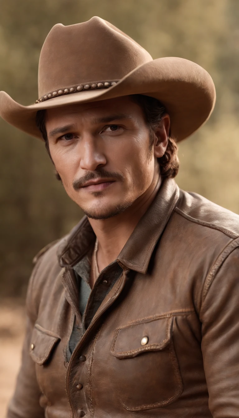 Make a photorealistic portrait of Pedro pascal wearing a western style cowboy interior , white background, medium close up shot, style of ultrafine detail, high quality photo, 105 mm f/1.2, 24mm,4k textures, soft cinematic light, highly detailed, sharp focus, hyperdetailed, low contrast, dim colors, exposure blend,(dusty:1.3),volumetric lighting, full body character art, brown eyes