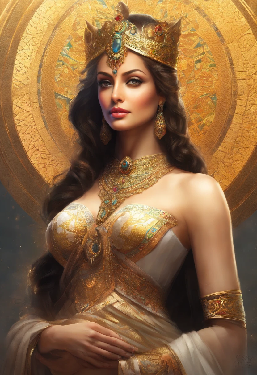 (Masterpiece, Top Quality, Best Quality, official arts, beautiful and aesthetic:1.2), Girl, Detailed Face, long dark hair, brown eye, full - body, Greek long-sleeved robe, celestial, priestess, extremely beautiful, higly detailed, (Wodena in the background), light effects, highest detail, particles floating, Ancient runes, Geometric patterns, V0id3nergy , dove, eye shadow, epic atmosphere