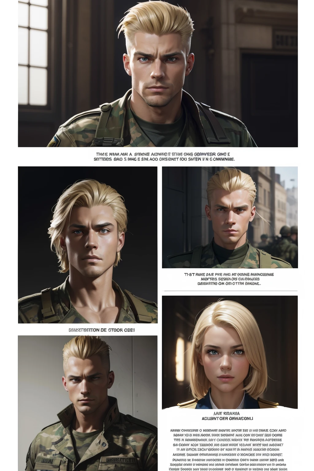 Personnage nom de code KRAIZON, American soldier, (((feuille de personnage))) (Multiple views Whole Body Upper Body Reference Sheet:1),, Croquis complet du corps avec expression souriante, High-angle sketch with serious expression ,, Latent,, Realistic Super Soldier, looking at the camera, White man with face in the center of the screen, Cheveux blonds de style Guile-style du jeu Street Fighter, Background to the ongoing war scene, Soldiers running with machine guns in their hands, explosions dans le ciel, just the character's face in the left corner of the screen, Perfect realistic graphic novel design, {{{Realistic digital illustration}}}, Platoon Style Film, Contraste vif, Soldats de fond et explosions, anatomie parfaite, centered, dynamique, highly detailed, Affiche du film, zbrush, Mise au point nette, {{{realistic illustration}}} David Finch Style, Dessin par Alphonse Mucha, par Peter Mohrbacher, par wlop, 2000s