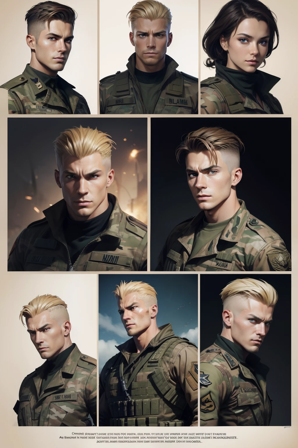 Personnage nom de code KRAIZON, American soldier, (((feuille de personnage))) (Multiple views Whole Body Upper Body Reference Sheet:1),, Croquis complet du corps avec expression souriante, High-angle sketch with serious expression ,, Latent,, Realistic Super Soldier, looking at the camera, White man with face in the center of the screen, Cheveux blonds de style Guile-style du jeu Street Fighter, Background to the ongoing war scene, Soldiers running with machine guns in their hands, explosions dans le ciel, just the character's face in the left corner of the screen, Perfect realistic graphic novel design, {{{Realistic digital illustration}}}, Platoon Style Film, Contraste vif, Soldats de fond et explosions, anatomie parfaite, centered, dynamique, highly detailed, Affiche du film, zbrush, Mise au point nette, {{{realistic illustration}}} David Finch Style, Dessin par Alphonse Mucha, par Peter Mohrbacher, par wlop, 2000s