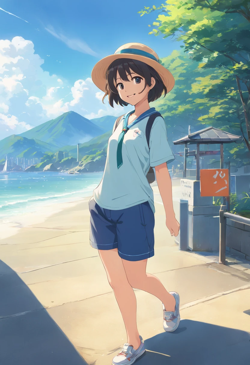 Cute girl in Japan,Big smile,The clothes ar,(((wearing hat:1.5))),great outdoors, En plein air, Beautiful white feet and legs. Sea fantasy,444 Hz, Beautiful, Breathtaking, Highly detailed, 8K, Use, Affectionate, Ultra photo realsisim, scenery,(((short detailed hair:1.5))),(((Shorts visible)))
