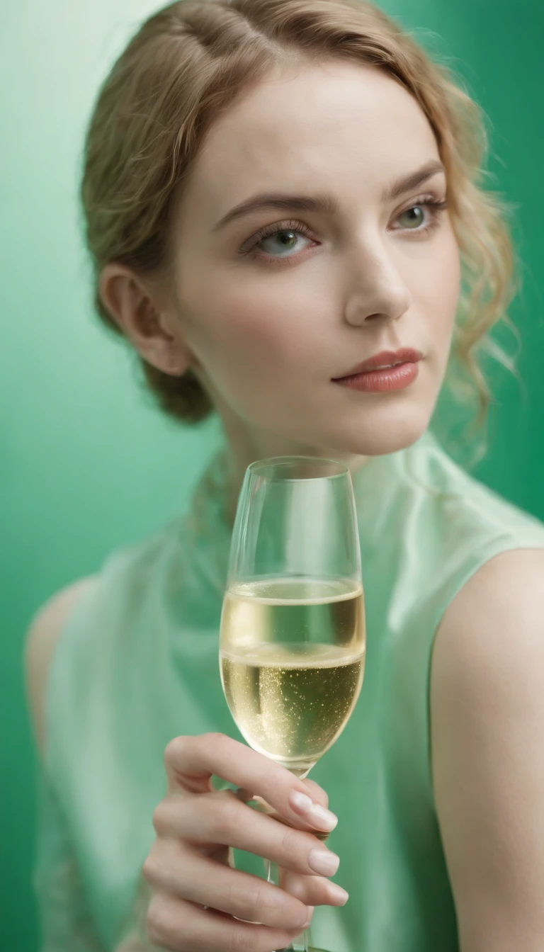 a young woman holding a champagne flute on a green background, in the style of carl kleiner, buckminster fuller, loretta lux, high quality photo, wavy resin sheets, gold and cyan, digital symmetry，medium shot