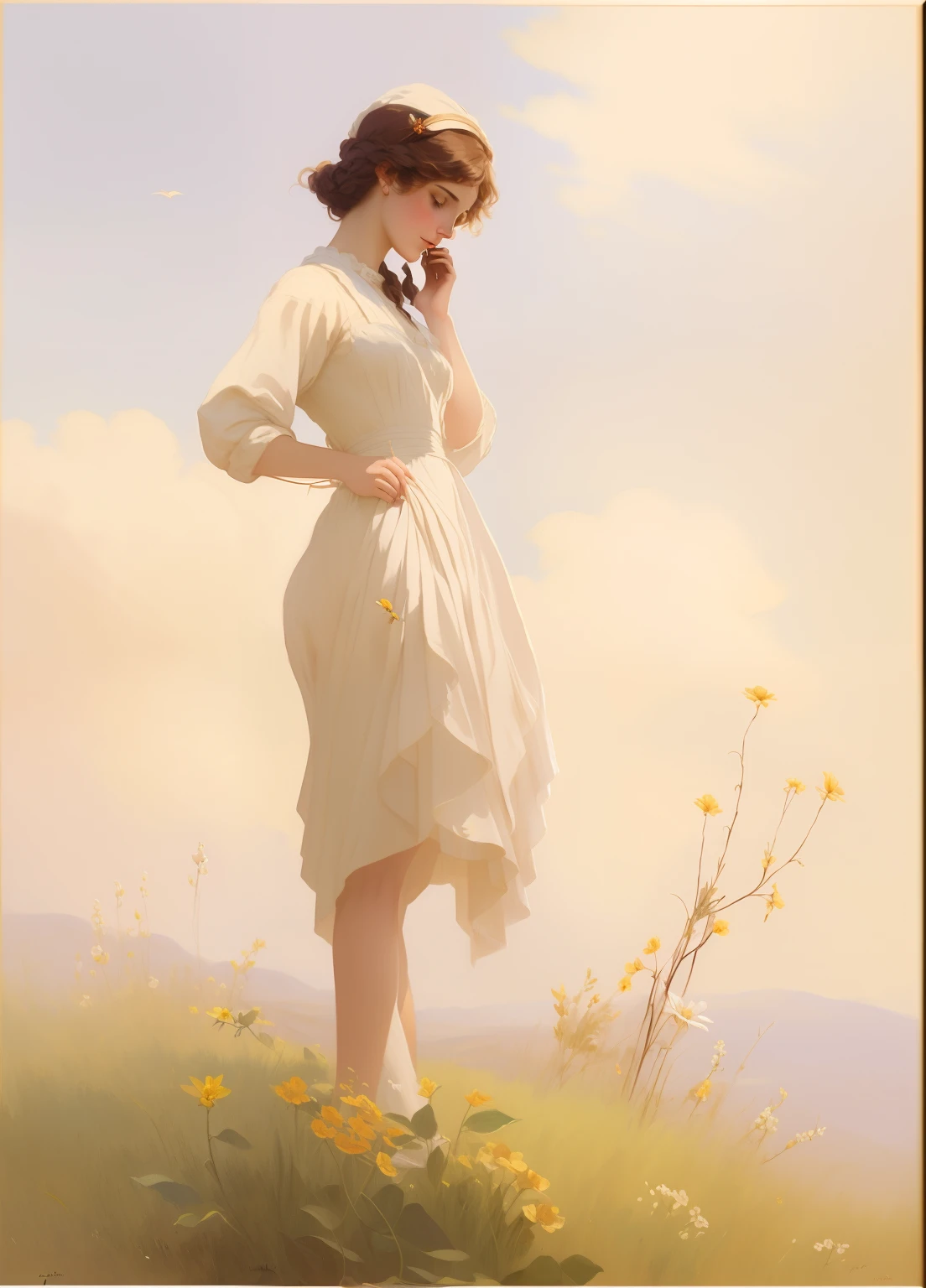 painting of a woman standing on a hill with a flower in her hand, art of edouard bisson, krenzcushart, wlop jeremy lipkin, inspired by Pierre Auguste Cot, wlop painting style, moebius + loish + wlop, by Aleksander Gine, by Mark Arian, inspired by Cynthia Sheppard