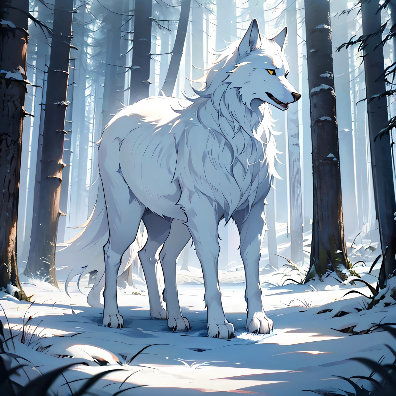 A young white wolf，All white fur，ln the forest，steins，tussock，Black magic，Faraway view ,(((It has full white fur and delicate leather:1.2)))