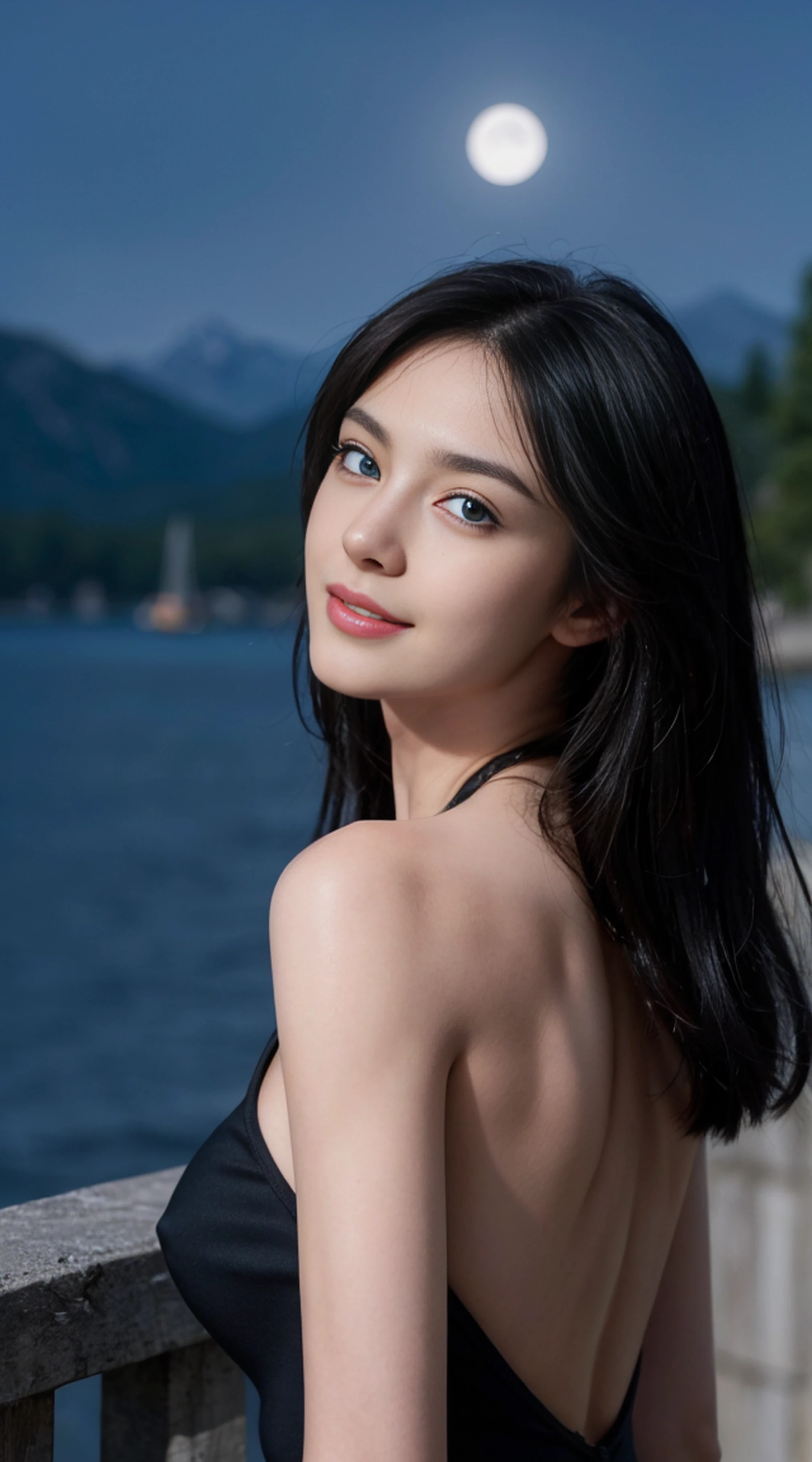 8K, Top Quality, Intricate Details, Ultra Detail, Ultra High Resolution, Masterpiece, random angle,  Slender, Smile, (Makeup: 0.4), (Fluffy Blue Eyes: 1.21), blue Eyes, looking at viewer, ((full body)), 1girl, solo, 1 girl, (( full body)), close up shot, , ((tall)), (((fit body))), (((slim face))), sharp face, sharp eyes, (((black hair, long hair, )) , (detailed face), sharp face, small lips, windy ,
 (( )), (crop top)),  detailed face, detailed breast, , large breast, detail ass, , Beautiful girl with accentuated slender abs: 1.4, Six Pack Abs: 1.4, Bust Botox, Big, Perfect Body, detail leg, (( moonlight)), top of mountain