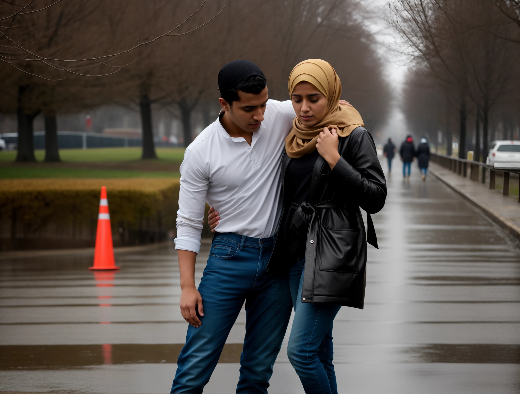 he is almost collapsing with pain, he is nearly fainting, she is holding him up, he is hanging on her shoulder, a muslim woman in a laquered puffy coat, a muslim woman with a shiny headscarf and a laquered downcoat, they are standing very close together, his hand is lying on her shoulder, arm-in-arm, she has her hand around his waist, she is wearing shiny leather pants, she is grabbing his waist, a shorthaired man in a matte tanktop and rough jeans, a shorthaired blond man in rough jeans, a muslim woman in shiny leather pants, a shorthaired blond man in a matte tanktop, a hijabi woman with a very desperate facial expression, a muslim woman in a high shine black down-coat, they are standing arm-in-arm, there is a headscarfed attractive woman wearing a high-shine down-coat, a wetlook puffer-coat, a muslim woman is crying with sorrow, a muslim woman is holding an injured shorthaired boy, there is a boy in rough jeans and a matte tanktop hugging a headscarfed woman that is wearing a very shiny padded laquered coat, a shorthaired blond boy has a painful face and cannot walk, there is a muslim woman giving support to an injured shorthaired boy, a wounded blond and shorthaired boy cannot walk and has to be supported by a woman with hijab, he grabs her shoulder, he has his arm around her shoulder, his hand is on her shouder, a sad looking hijabi woman ia carrying a wounded boy, masterpiece, jeans, boy in a matte cotton tanktop, super detailed background, detailed face, brown eyes, crying out, tears, desperation, pain, agony, accident pose, dramatic suffering pose, hands detailed hands, fingers:5, they are walking in the street together in the rain