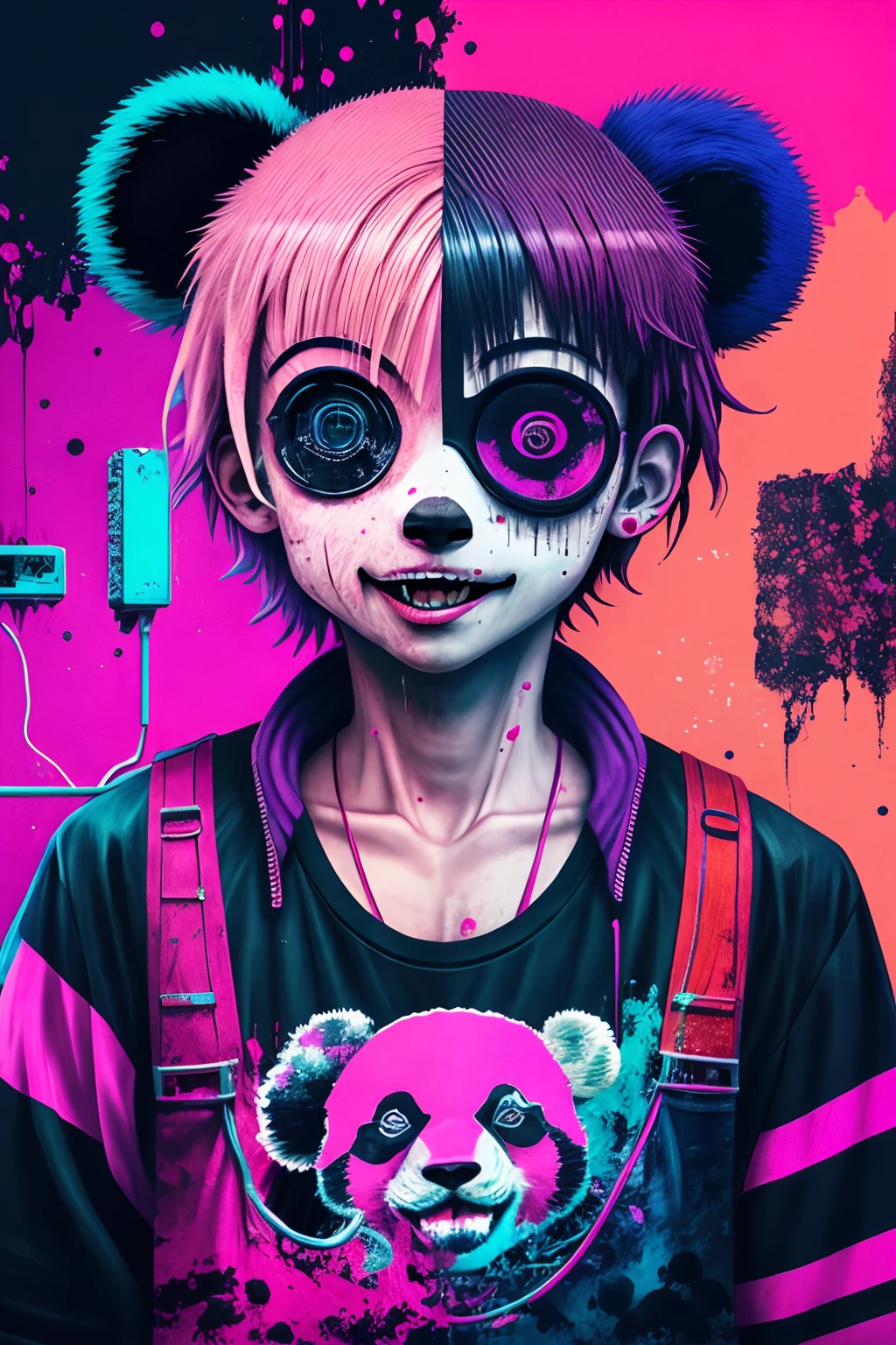 (masutepiece), Best Quality, 1panda、The upper part of the body, 10yaers old、Twin-tailed、sticking out the tongue、 Perfect face、(gritty:0.9),(80's aesthetic:1.1),(neons:0.8),(Retro:0.9),(analogue:1.1),(Solo:0.8),(1 person:0.6),(Grim Reaper:0.5),(Purple and orange color scheme:0.9),(glitched:1.1),(Black and white:0.6),(Drooping letters:0.8),(The aesthetics of vaporwave:1.2),(digital distortion:0.9),(macabre smile:0.7),(Blood splatters:0.8),(darkness:0.9),