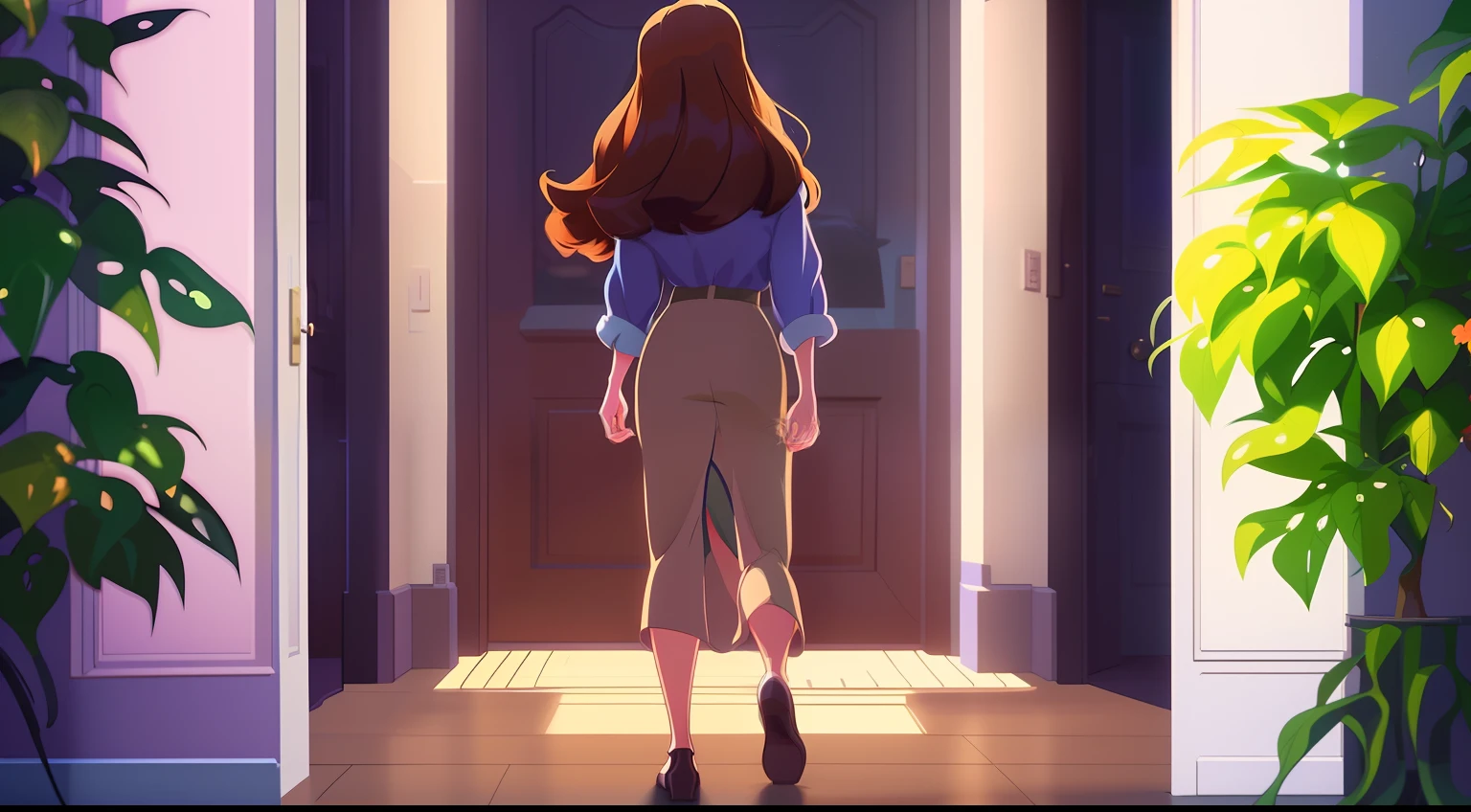 a woman standing in front of a door with a plant in the background, in style of disney animation, animated film, ilya kuvshinov with long hair, long glowing hair, animated film still, animation illustrative style, animated still, animation film, animated movie, lofi artstyle, animated movie still, keyframe illustration, still from animated horror movie