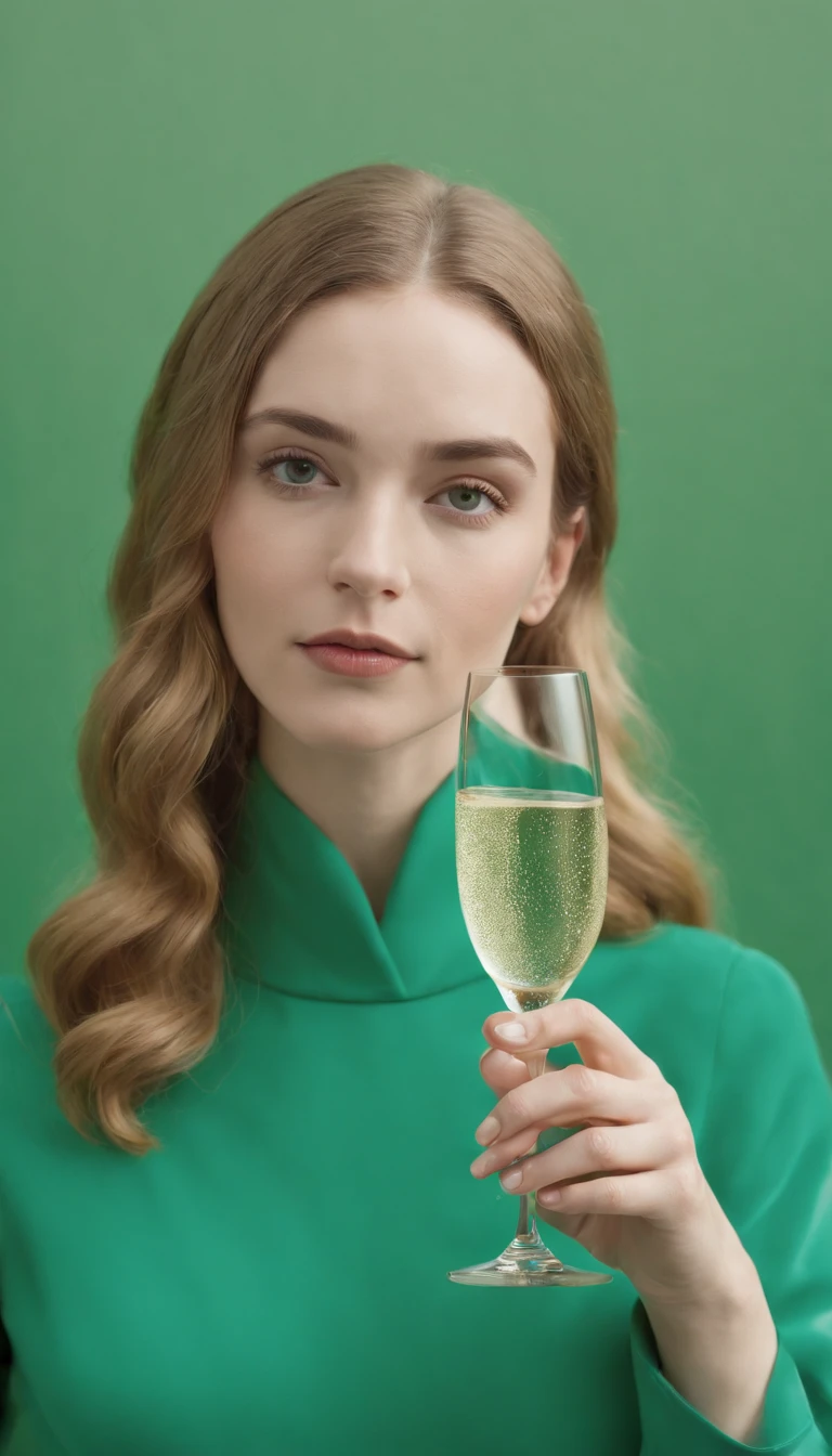 a young woman holding a champagne flute on a green background, in the style of carl kleiner, buckminster fuller, loretta lux, high quality photo, wavy resin sheets, gold and cyan, digital symmetry，medium shot