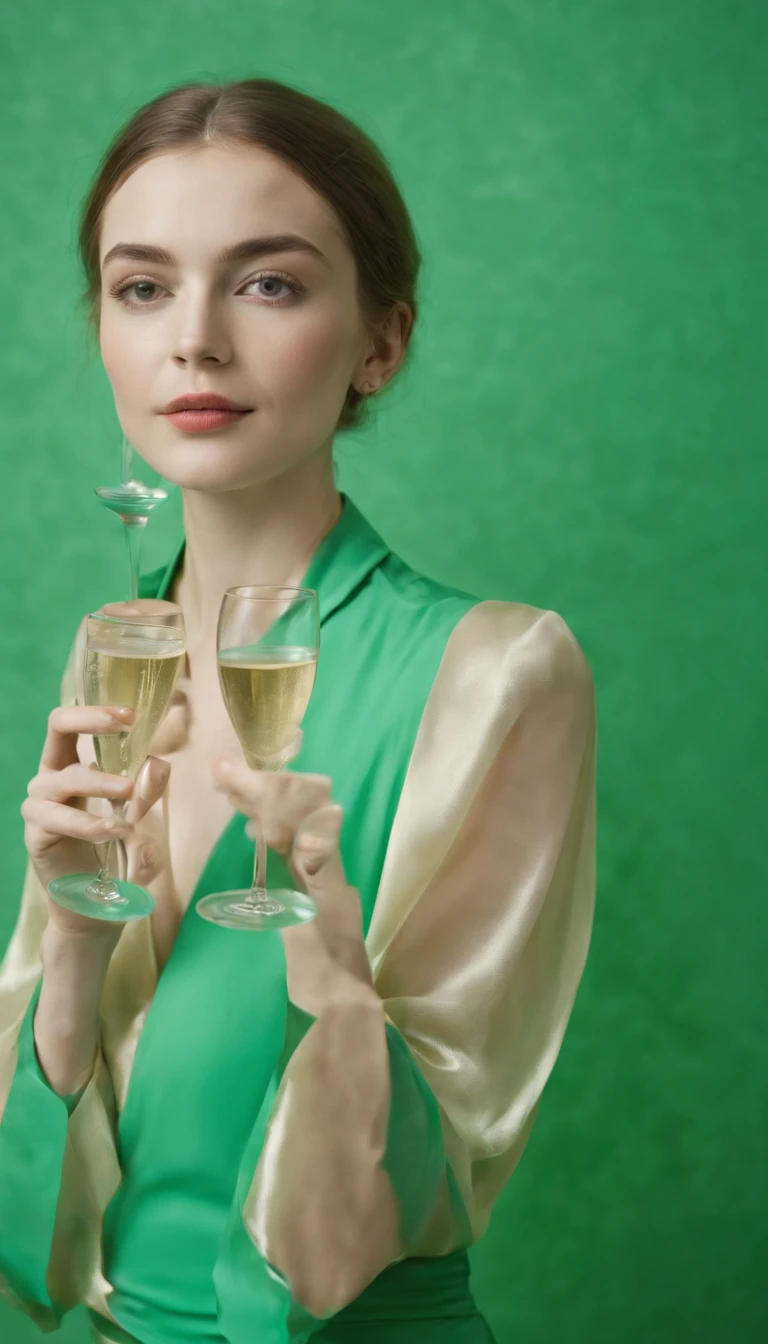 a young woman holding a champagne flute on a green background, in the style of carl kleiner, buckminster fuller, loretta lux, high quality photo, wavy resin sheets, gold and cyan, digital symmetry,medium shot