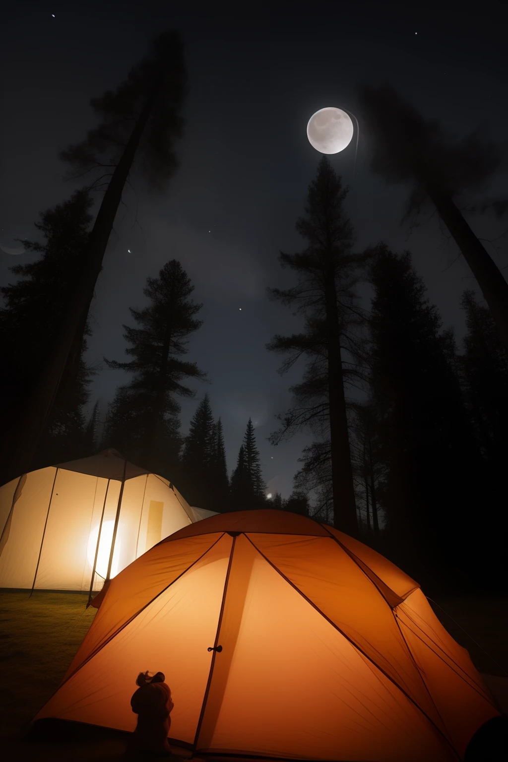 side silhouette of girl with big breasts, camping, looking at the moon, night outdoors, under the moon, float under moon light at night, in front of a big moon, looking at the full moon, big moon and stars in the sky, forest and moon, at night with full moon, tent, moon background, moon behind