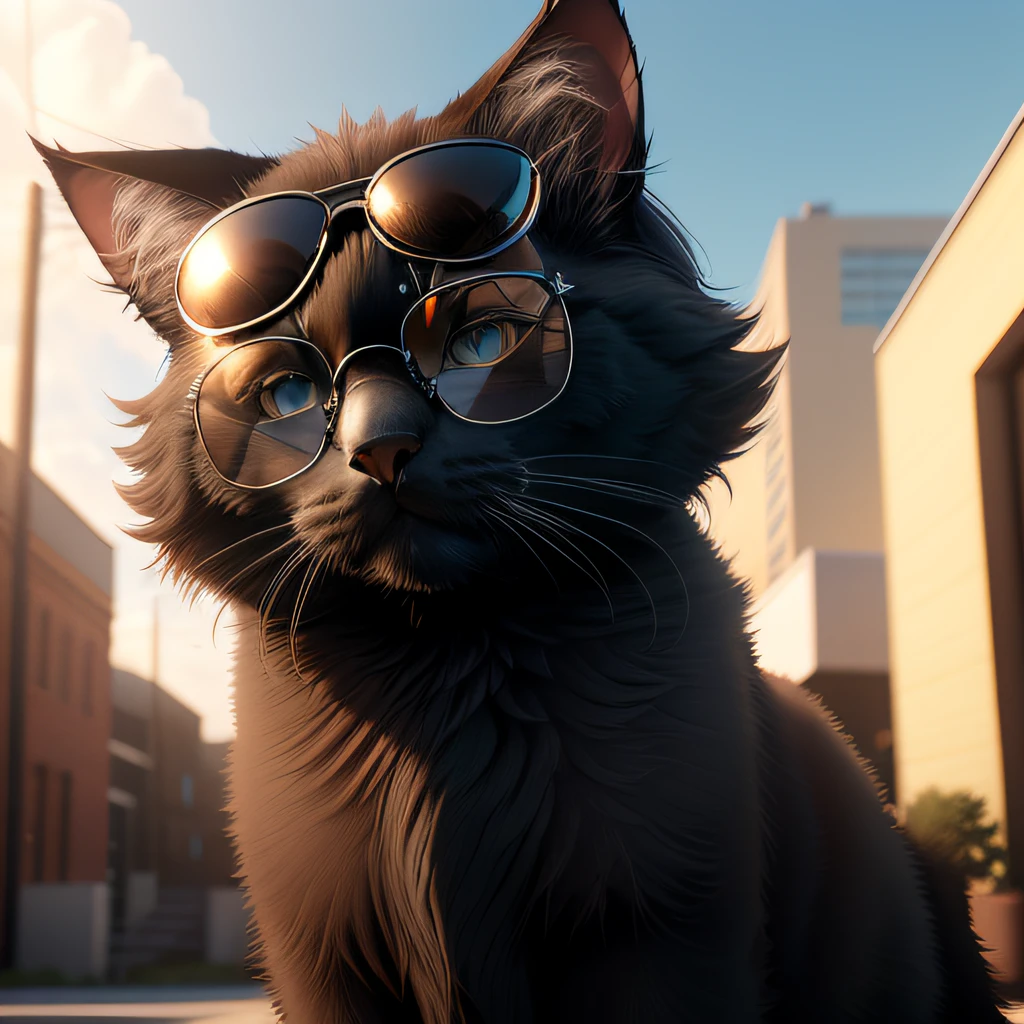 super cute fluffy black cat wearing sun glasses , photorealistic, 4K, ultra detailed, vray rendering, unreal engine, midjourneyart style