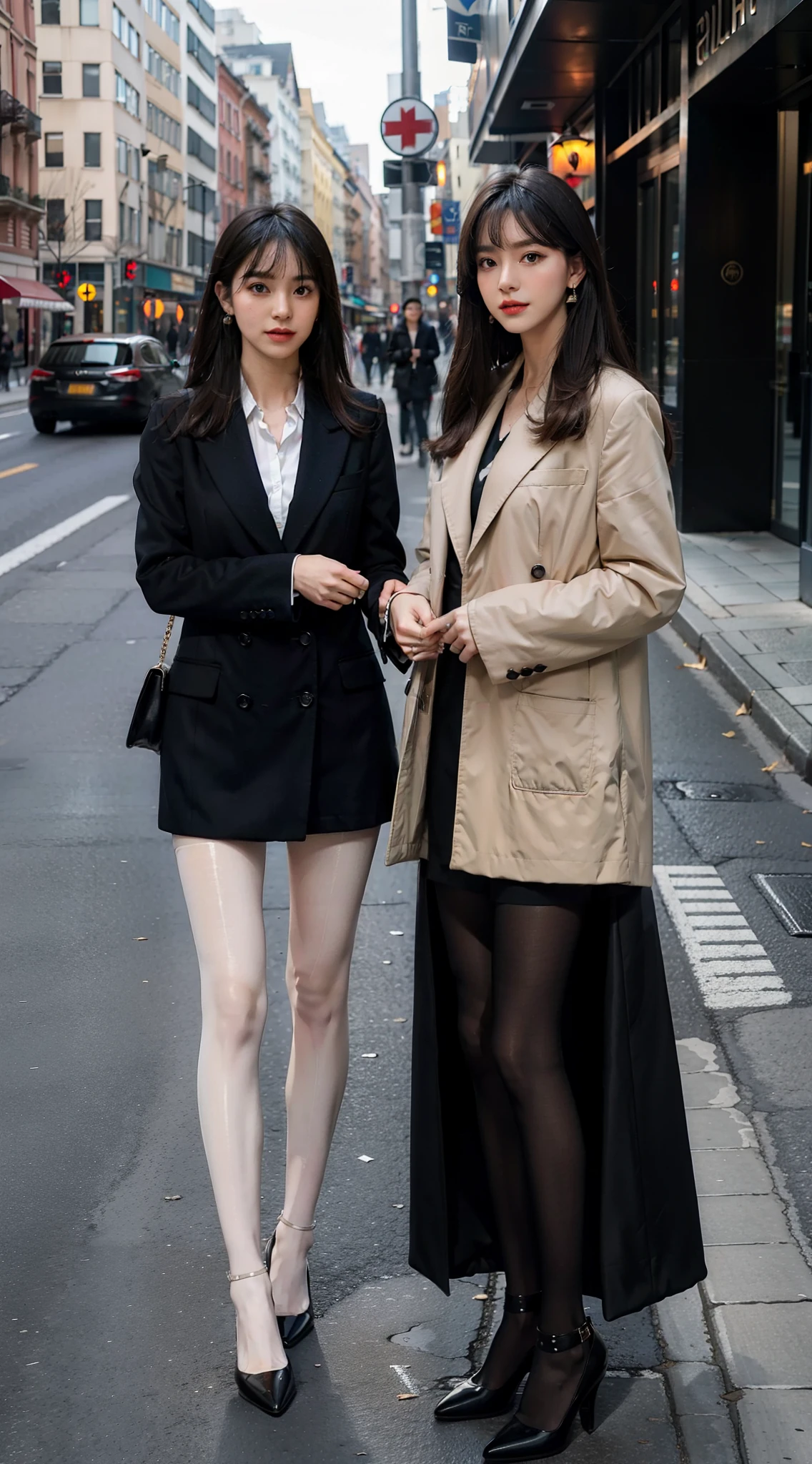 Single ball head，mature，Heavy makeup，Ultra-fine heel，Dark colorless pantyhose，ear studs，Long legs，slanted bangs，are standing，Plenty of lighting，8K，On the street，In the daytime，two guys